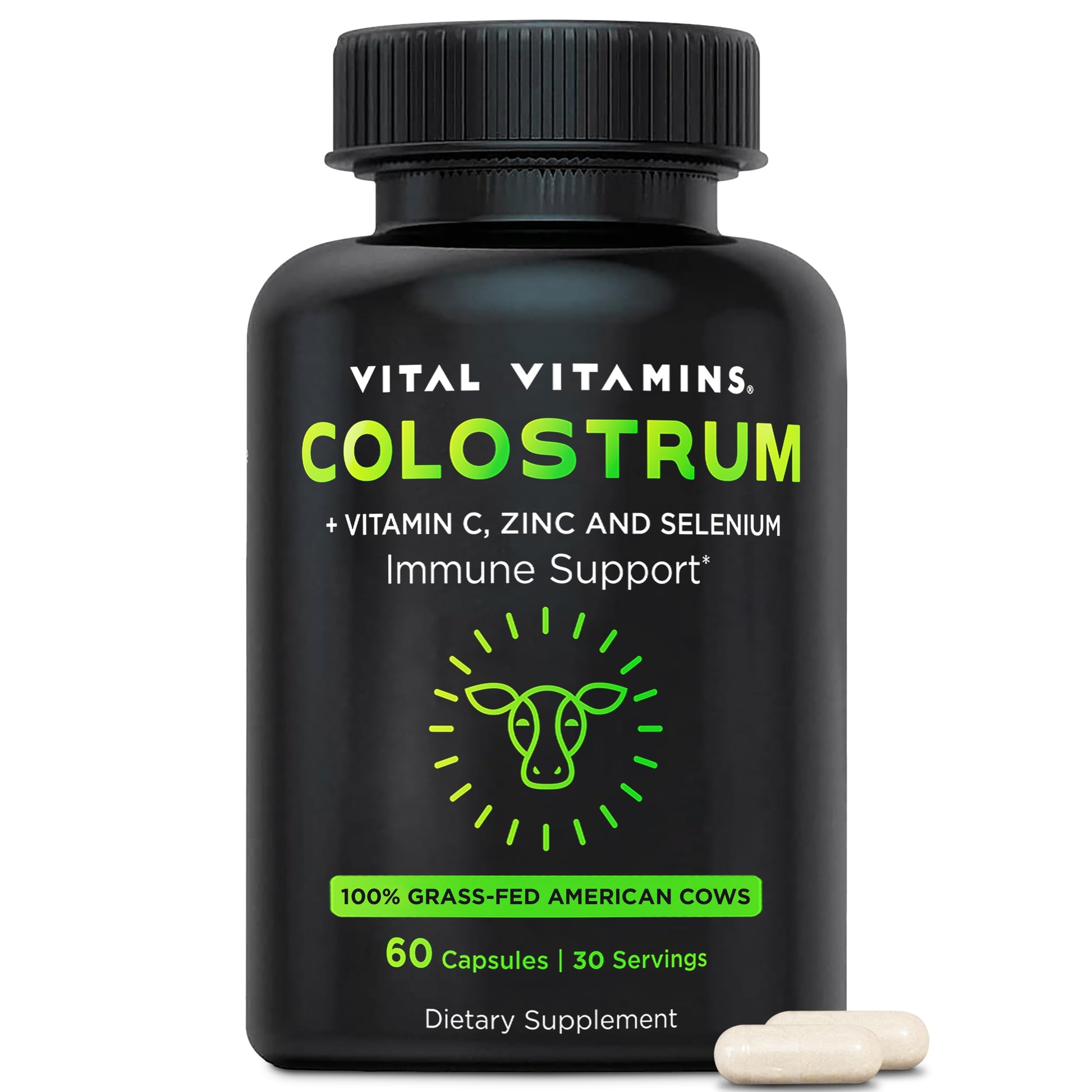 Vital Vitamins Colostrum Supplement - Vitamin C, Zinc, & Selenium - from First Milking - Standardized to Contain 10% IgG Immunoglobulins - Grass-Fed American Cows - 60 Capsules Vital Vitamins uk supplements