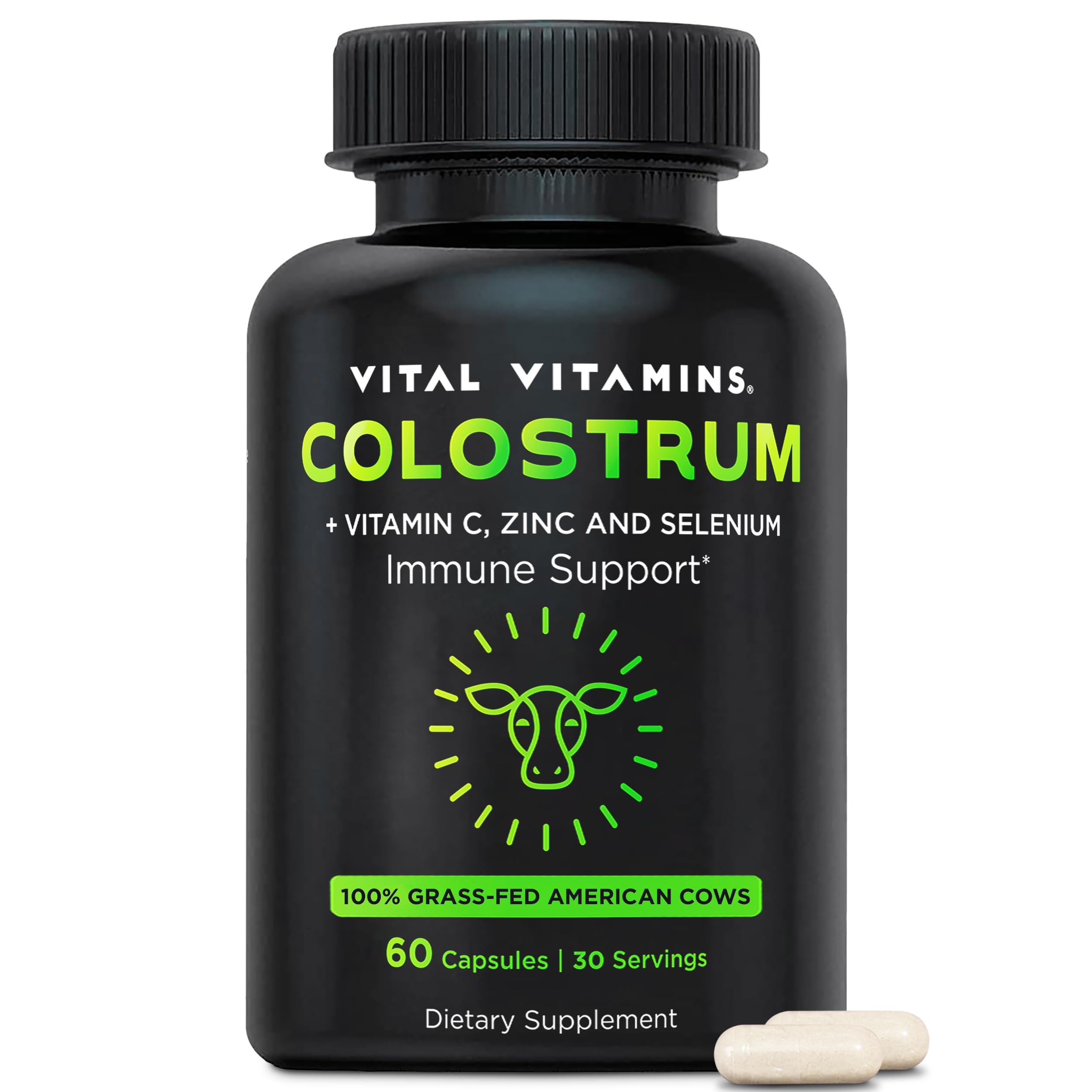 Vital Vitamins Colostrum Supplement - Vitamin C, Zinc, & Selenium - from First Milking - Standardized to Contain 10% IgG Immunoglobulins - Grass-Fed American Cows - 60 Capsules Vital Vitamins uk supplements