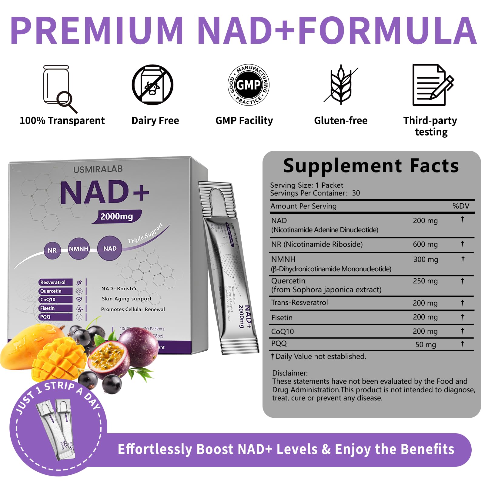 NAD+ Supplement Packets | 1000mg Liquid | Advanced Nicotinamide Riboside, Trans-Resveratrol, PQQ & Quercetin Complex for Cellular Energy & Healthy Aging Support - 2 Flavors (30 Count) USMIRALAB uk supplements