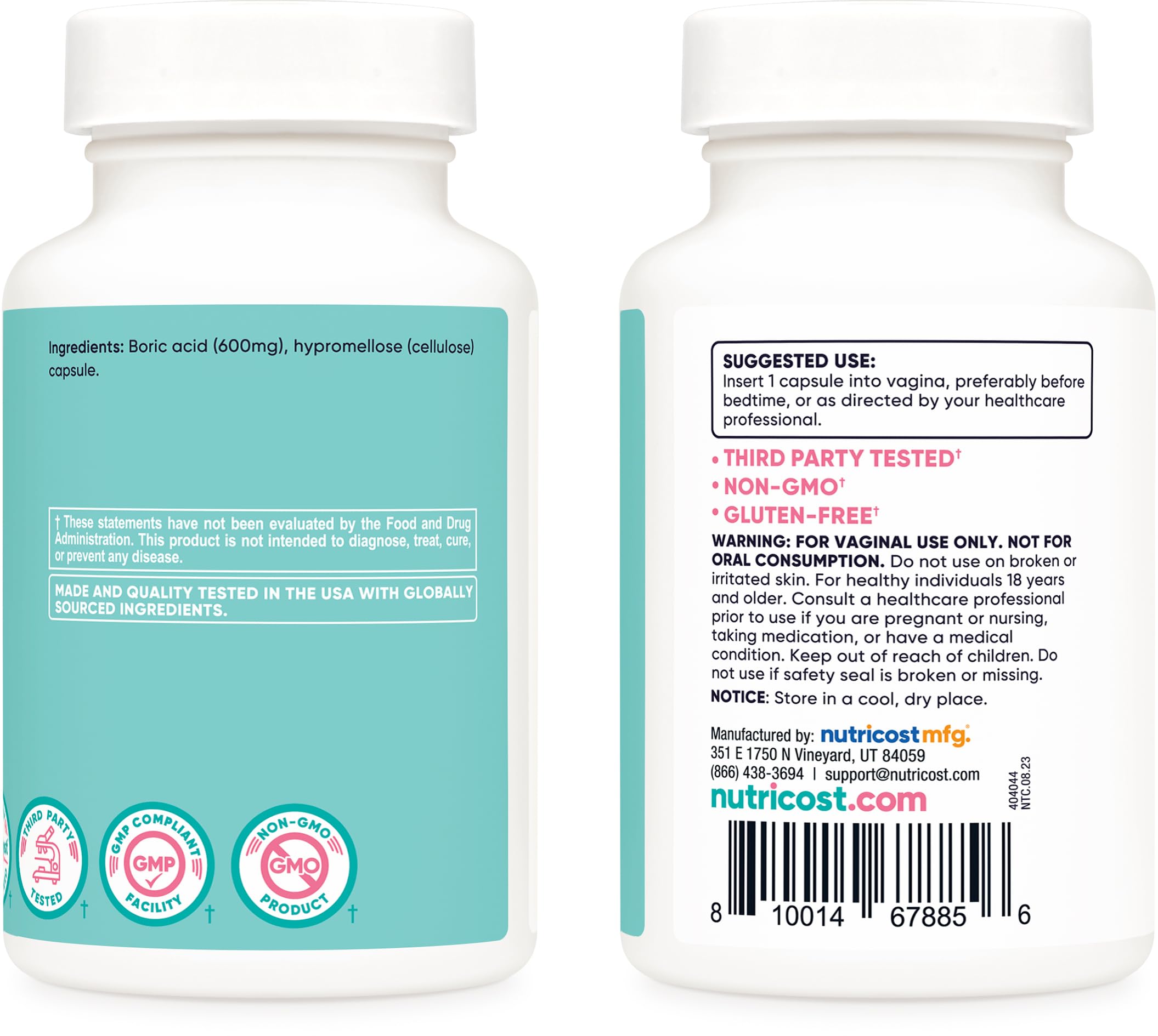 Nutricost Boric Acid 600mg, 60 Capsules - Vaginal Suppository - Non-GMO - for Women Nutricost uk supplements
