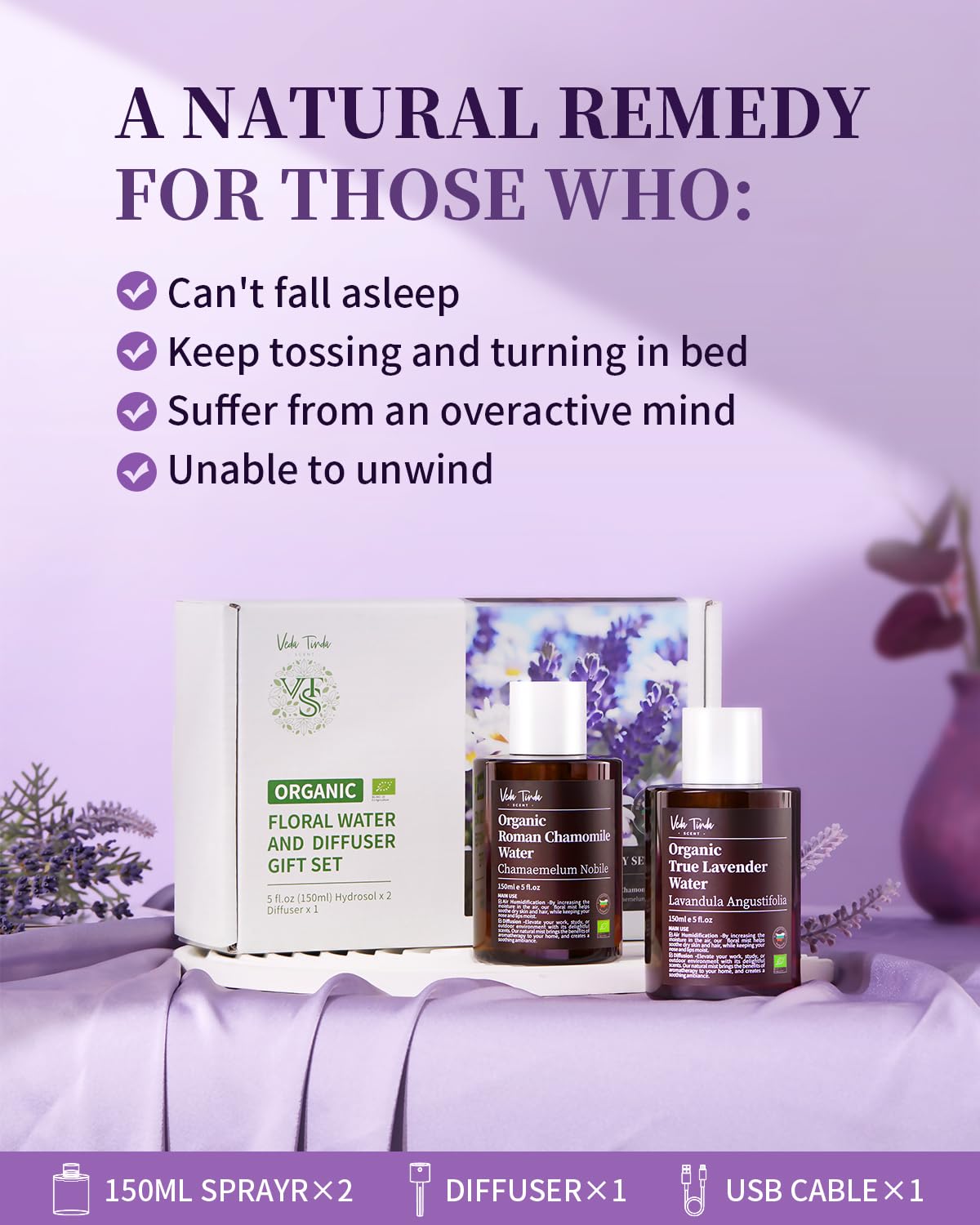 VTS Organic Lavender Water and Roman Chamomile Floral Water with Diffuser, Aromatherapy Air VEDA TINDA SCENT uk supplements