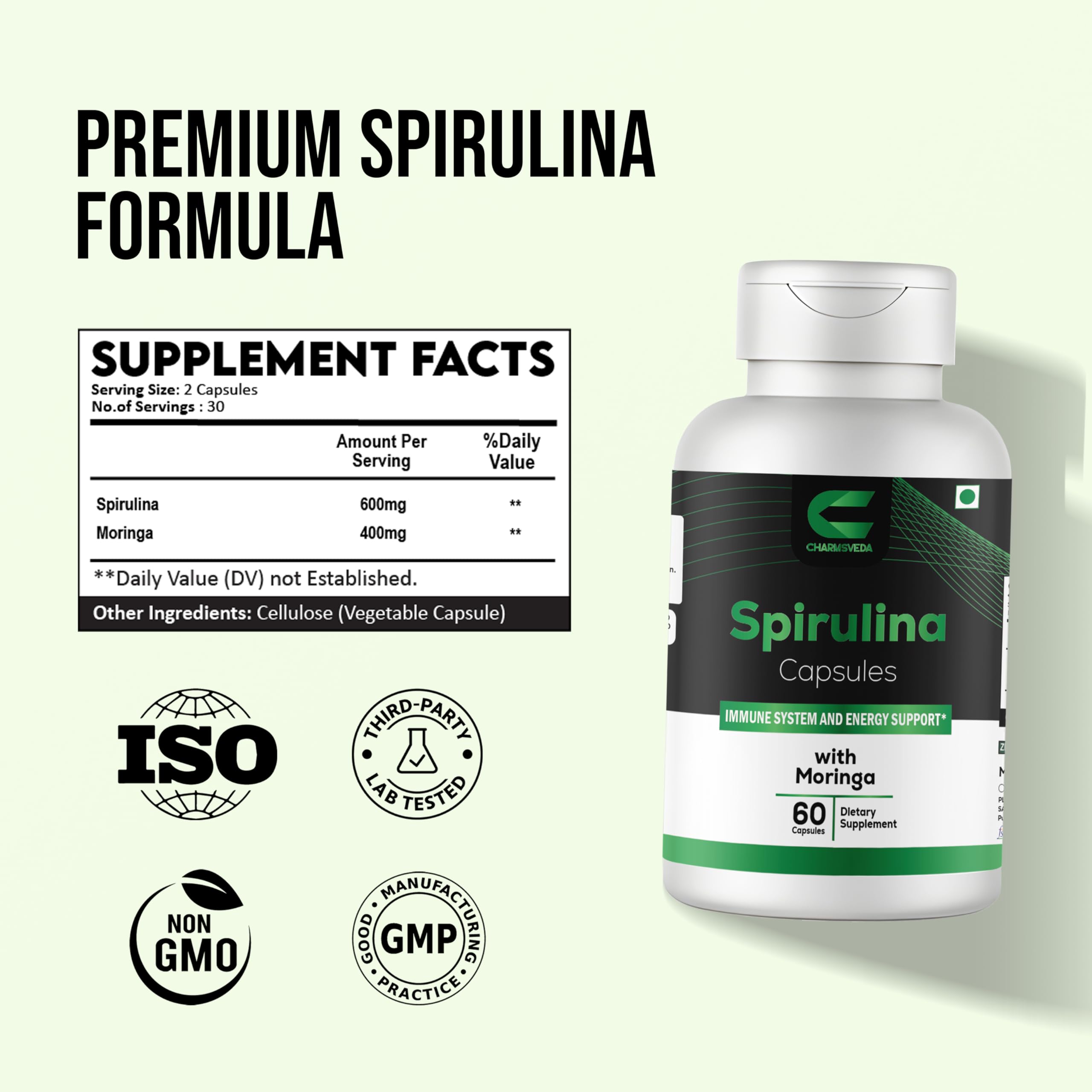 CHARMSVEDA Spirulina Capsules with Moringa – Herbal Immune Support* – 60 Vegan Capsules CHARMSVEDA uk supplements