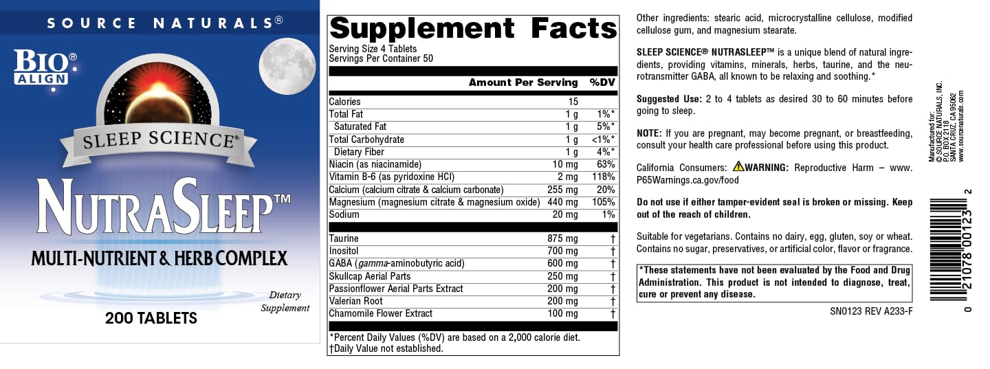 Source Naturals NutraSleep, Melatonin-Free Multi-Nutrient & Herb Complex, Vegetarian Formula for Relaxation Support - 200 Tablets Source Naturals uk supplements