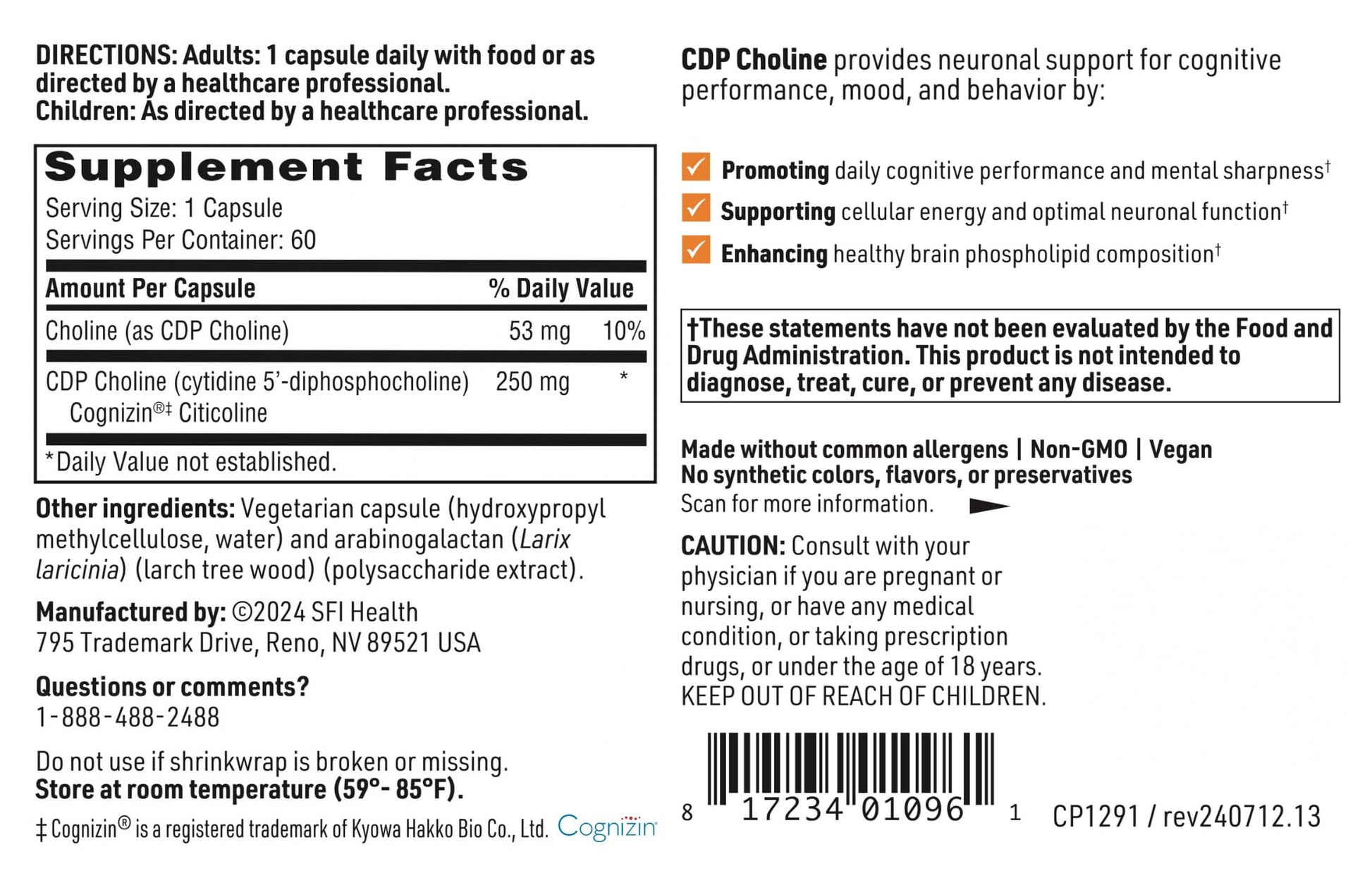 Klaire Labs SFI Health CDP Choline 250mg - Soy-Free Choline Supplements - Cognizin Citicoline to Help Support Memory, Focus & Attention - Bioavailable Active Form, Hypoallergenic (60 Capsules) SFI Health uk supplements