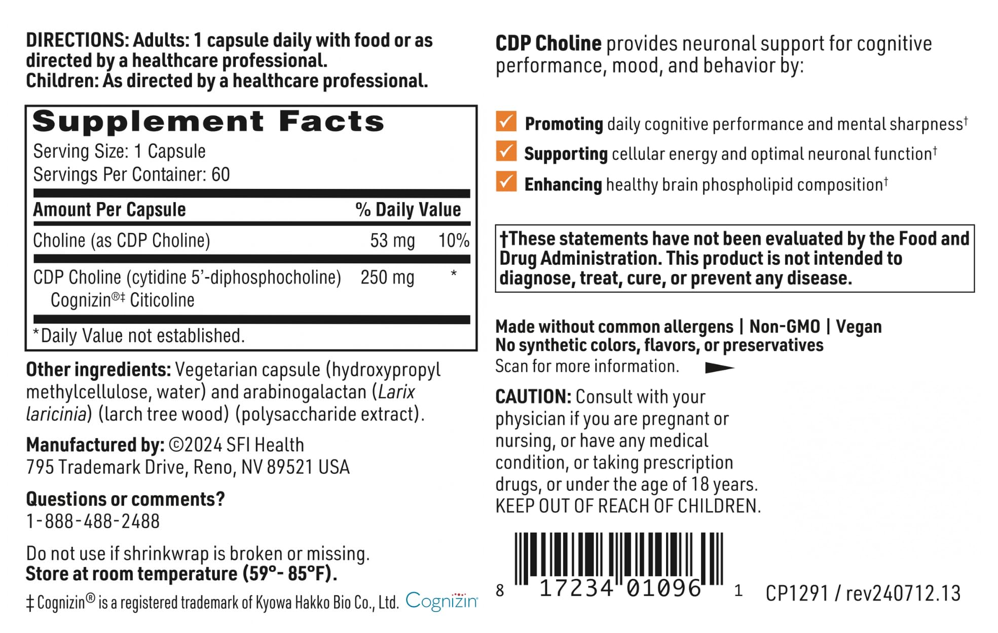 Klaire Labs SFI Health CDP Choline 250mg - Soy-Free Choline Supplements - Cognizin Citicoline to Help Support Memory, Focus & Attention - Bioavailable Active Form, Hypoallergenic (60 Capsules) SFI Health uk supplements