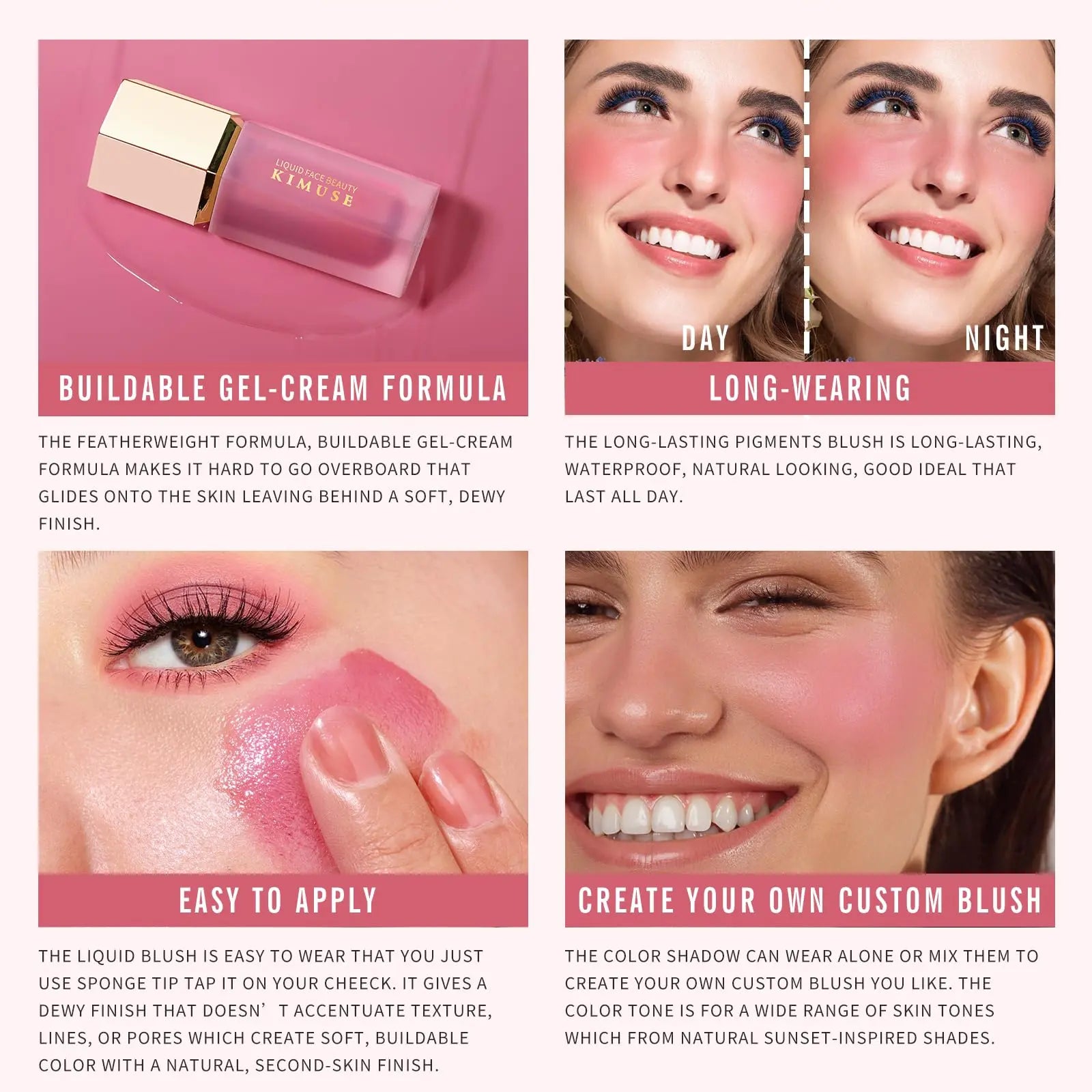 KIMUSE Liquid Blush, Long-Wearing Pigmented Soft Cream Face Blush, Waterproof, Smudge Proof, Dewy Finish KIMUSE uk supplements