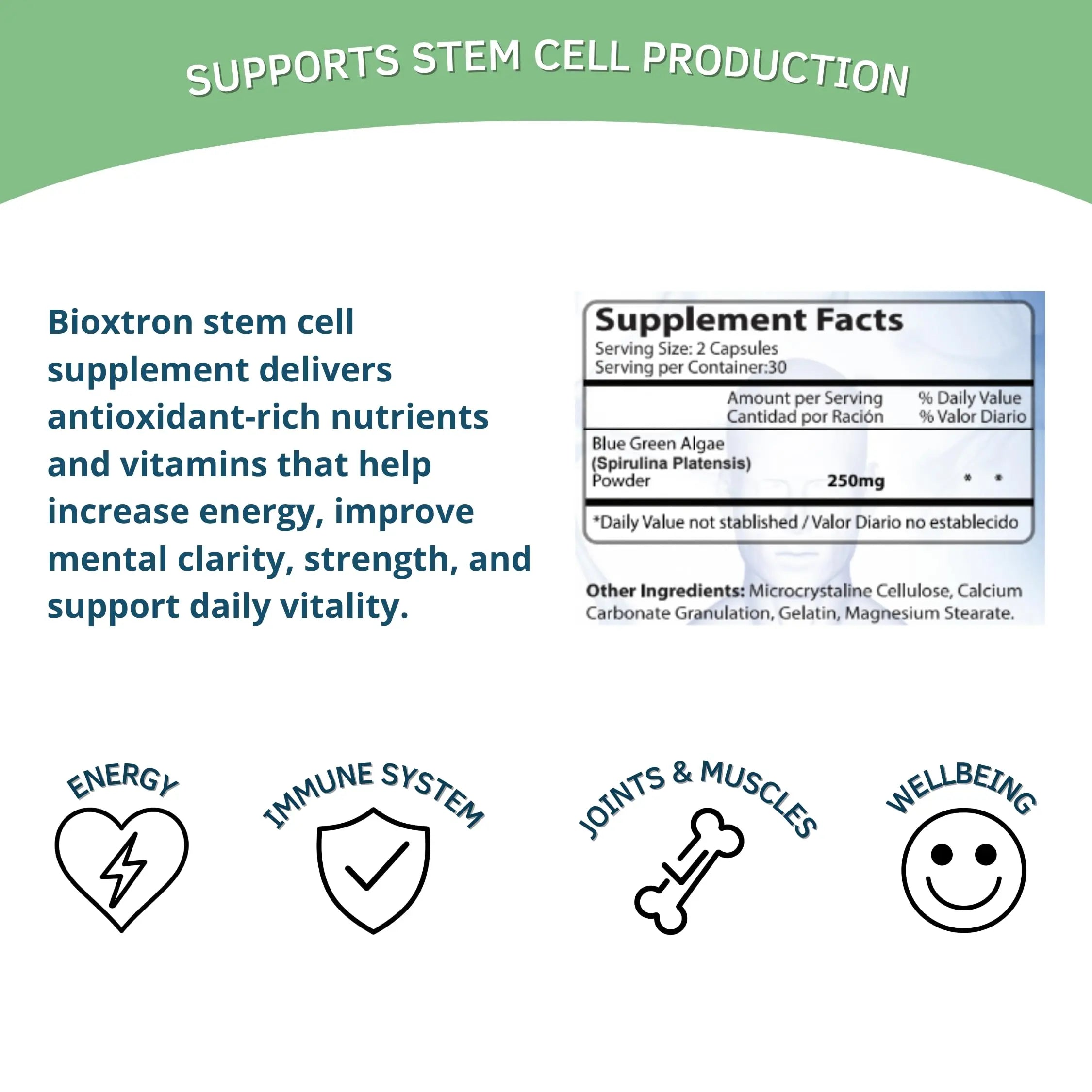 Bioxtron Natural AFA Stem Cell Supplement - Joint Support & Muscle Pain - Immune System Support - Support Energy Levels - Natural Blue Green Algae Spirulina - Pack of 2-120 Caps Bioxtron uk supplements
