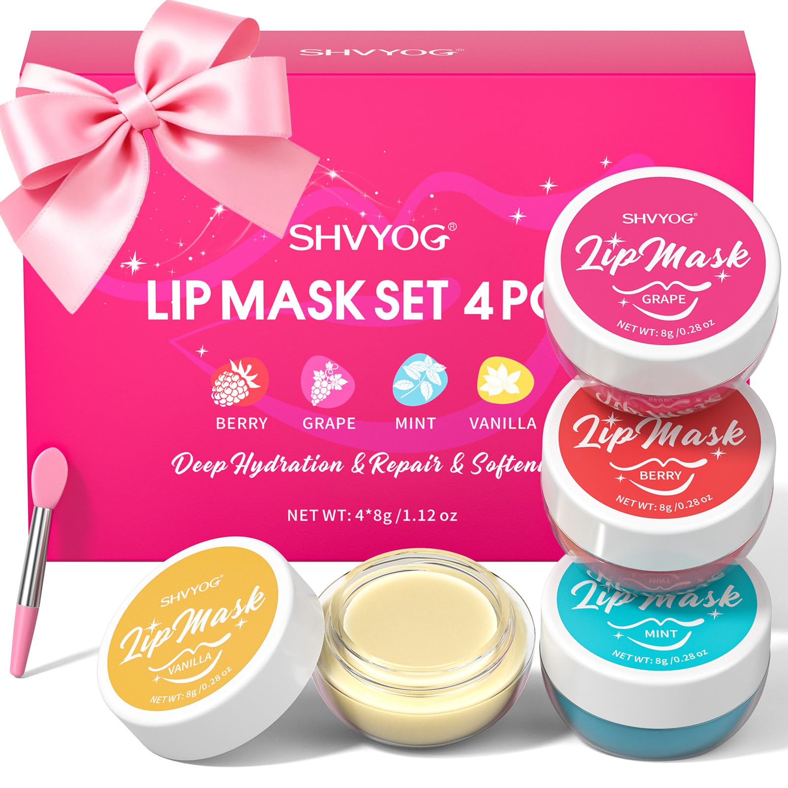 4 Pack Lip Mask Set, Hydrating Lip Mask Overnight - Berry, Grape, Mint, Vanilla Flavors, Lip Sleeping Mask Nourish Lip Balm with Vitamin C & Shea Butter | Dry Lips Care Gift SHVYOG uk supplements