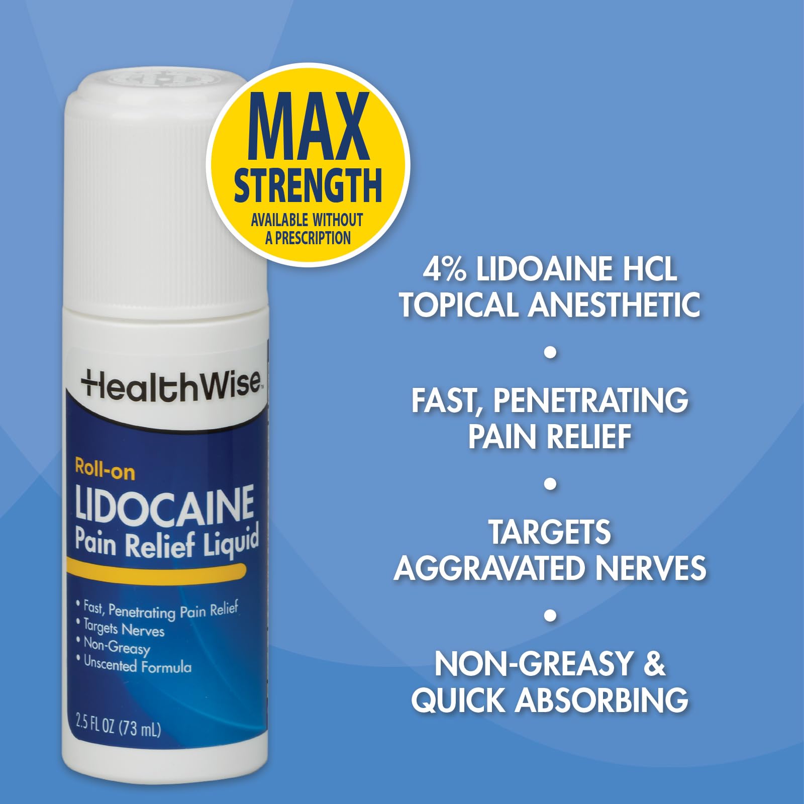 HealthWise 4% Lidocaine Roll-On | OTC Strength | Pain Relief Liquid | 2.5 oz. 73 mL | Non-Greasy, Unscented Formula | Topical Anesthetic HealthWise uk supplements