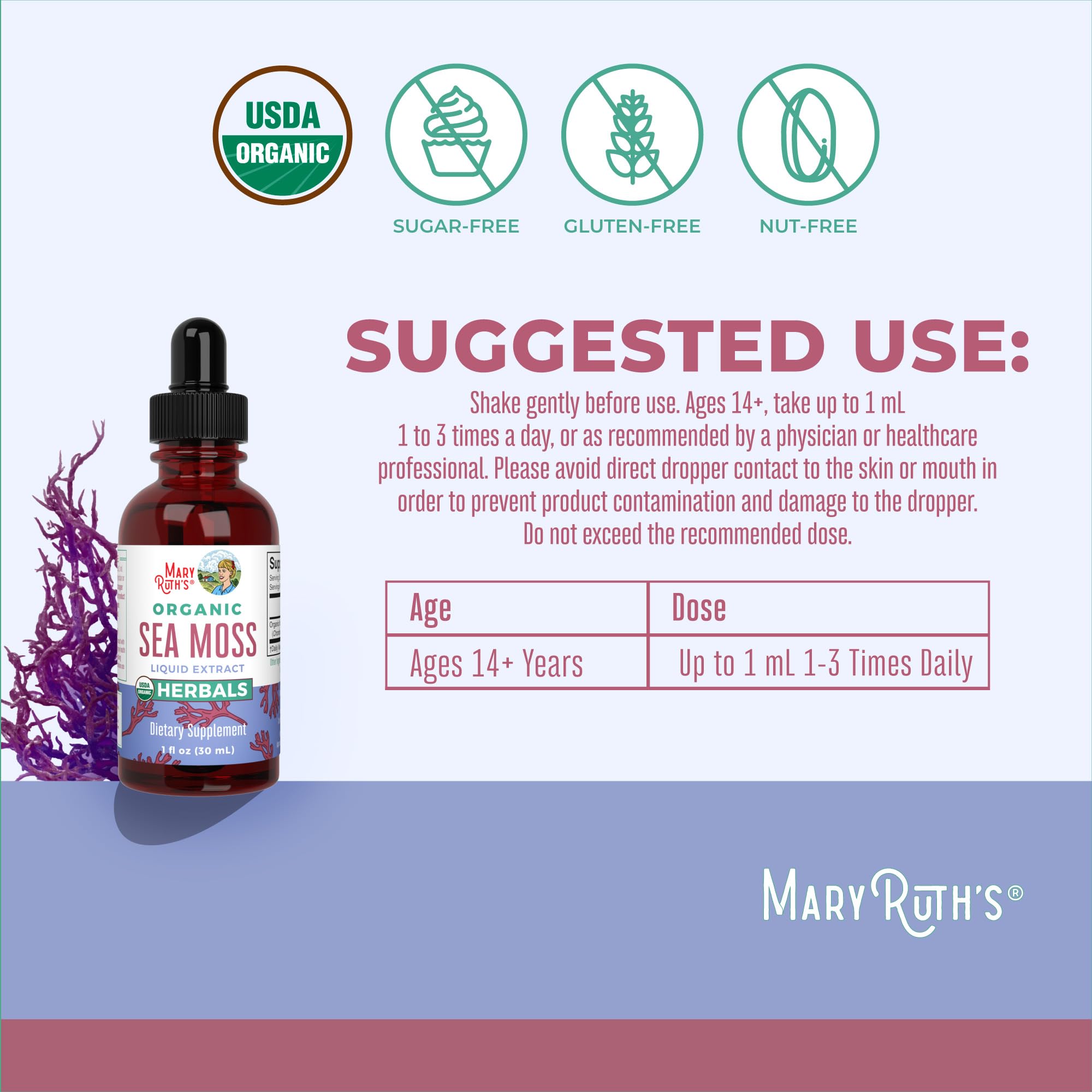 MaryRuth Organics Irish Sea Moss Liquid Drops | Chondrus Crispus | Wild Harvested | Organic Irish Moss Formulated for Adults & Kids Ages 14+ | Unflavored | Sugar Free | Vegan | Non-GMO | 1 Fl Oz MARYRUTH'S uk supplements