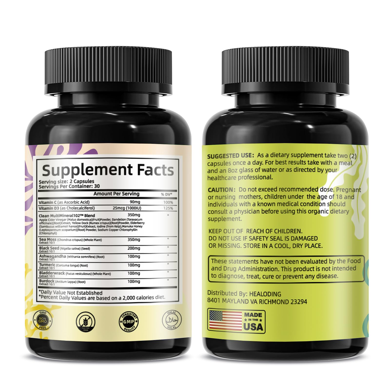 HEALOADING Sea Moss Capsules：Wildcrafted Organic Irish Seamoss & Bladderwack - Rich in Minerals, Supports Thyroid Health, Digestion, Skin & Immune System - Vegan, Non-GMO HEALOADING uk supplements