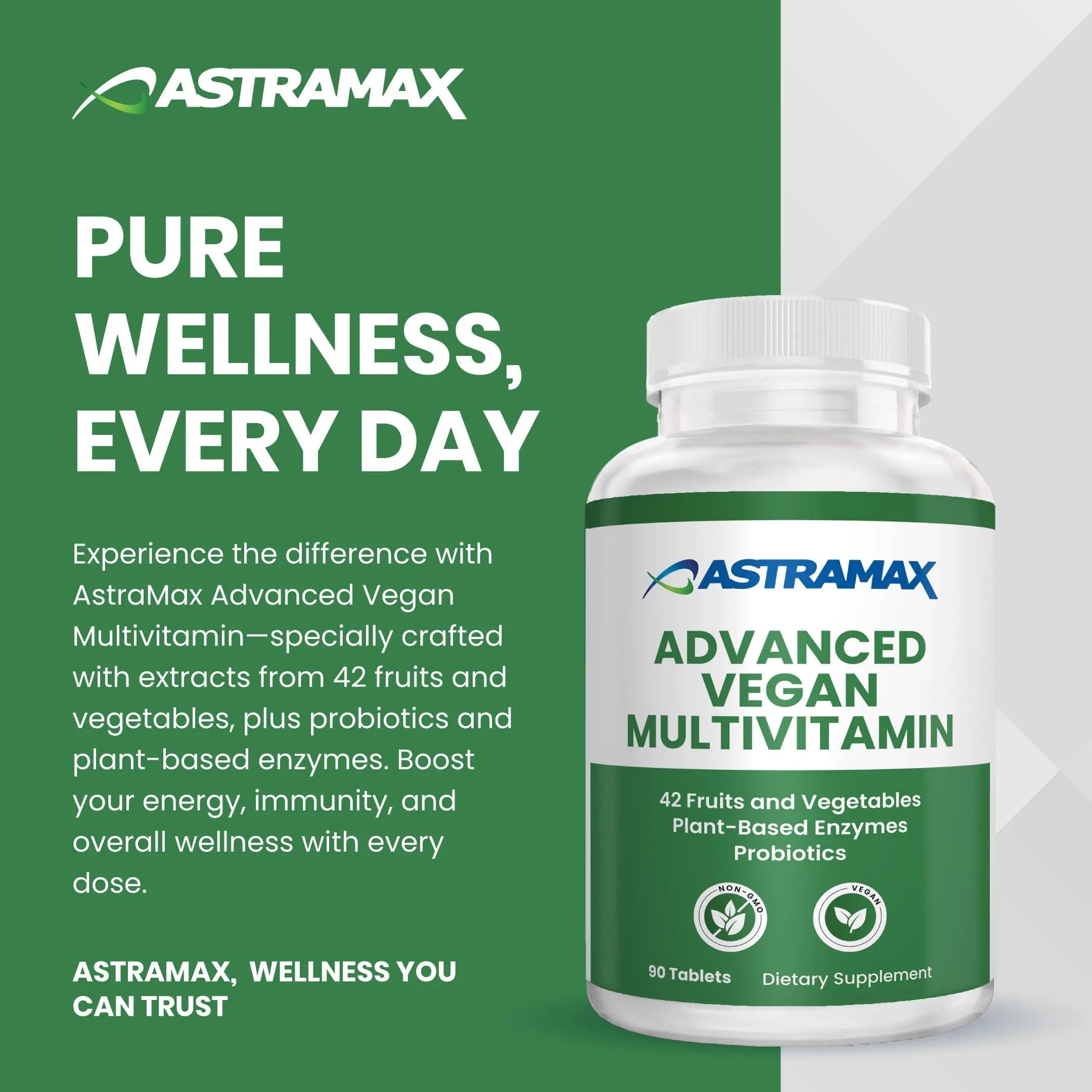 Astramax Advanced Vegan Multivitamin | Whole Food-Based Vitamin & Mineral Complex with 26 Nutrients, B12, D3, Probiotics & 42 Superfoods | Astramax uk supplements