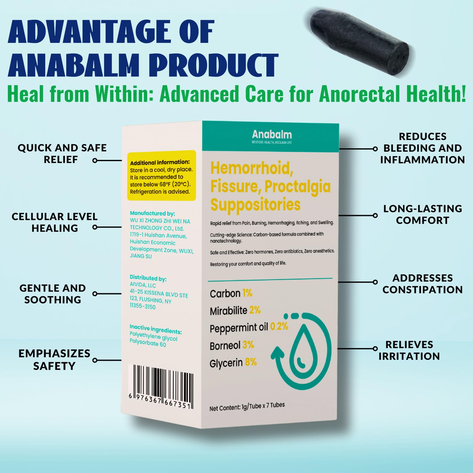 anabalm Hemorrhoid Treatment Suppositories, Natural Fissure Treatment for Anus Relief of Proctalgia, Pain, Itching, Swelling or Itch Discomfort - 7 Count anabalm uk supplements