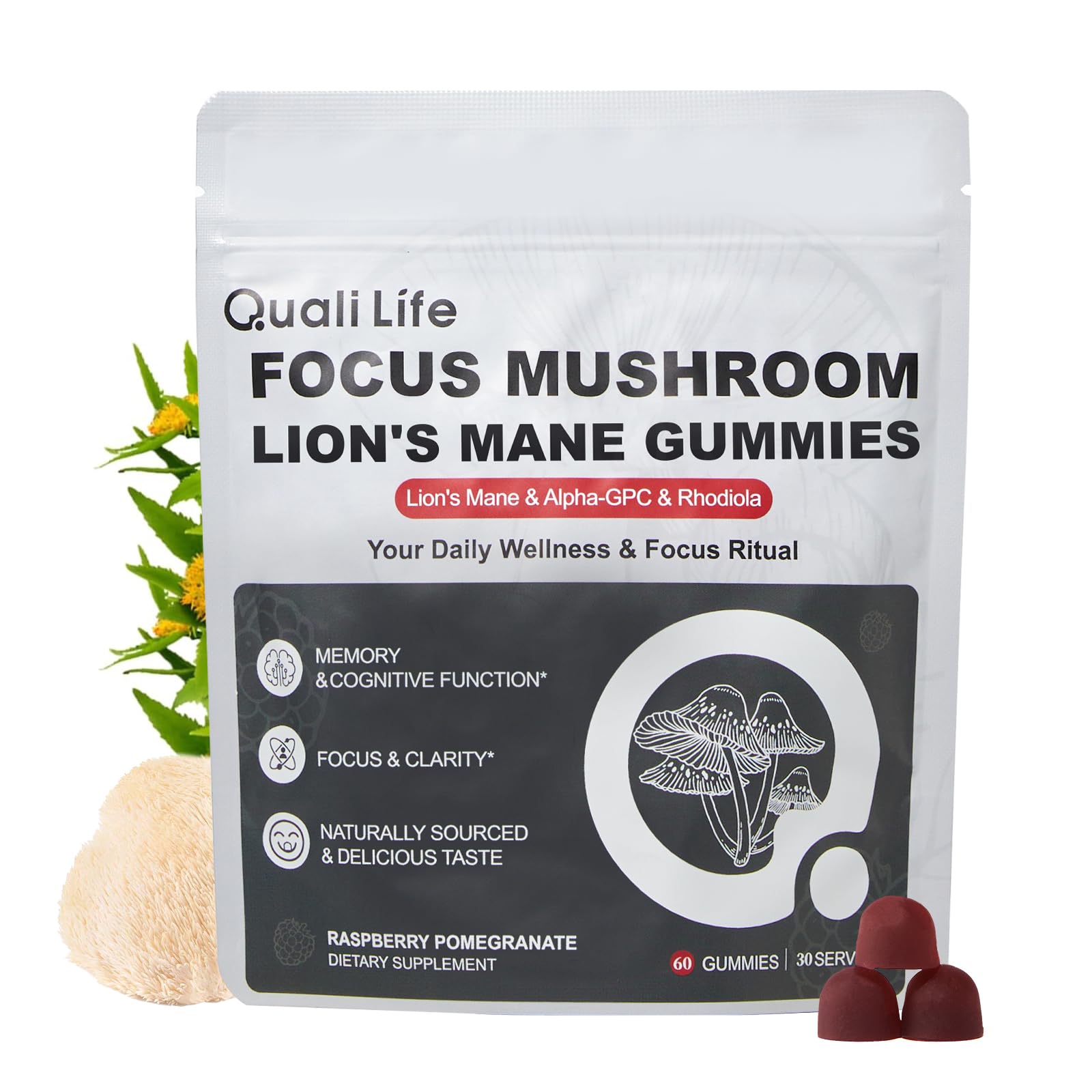 Mushroom Gummies with Lion’s Mane - Alpha Brain Gummy for Focus & Memory - Nootropic Focus Gummies with Rhodiola & Alpha-GPC – Vegan Brain Supplement, Raspberry Pomegranate Flavor, 60 Count (1) QualiLife uk supplements