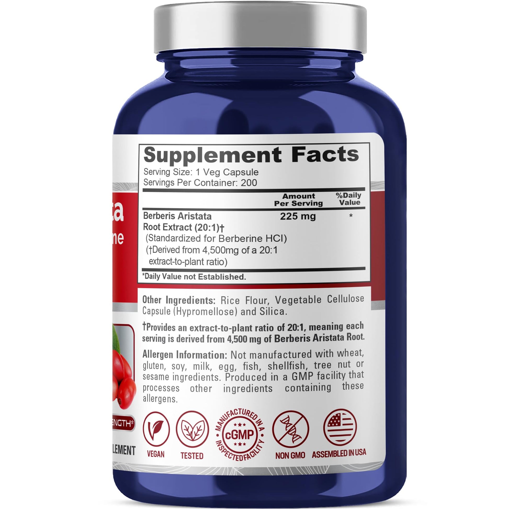 NusaPure Berberine HCI 20:1 Extract, 225 mg Equivalent to 4,500mg - 200 Veggie Caps - (Vegetarian, Non-GMO, Vegan) NusaPure uk supplements