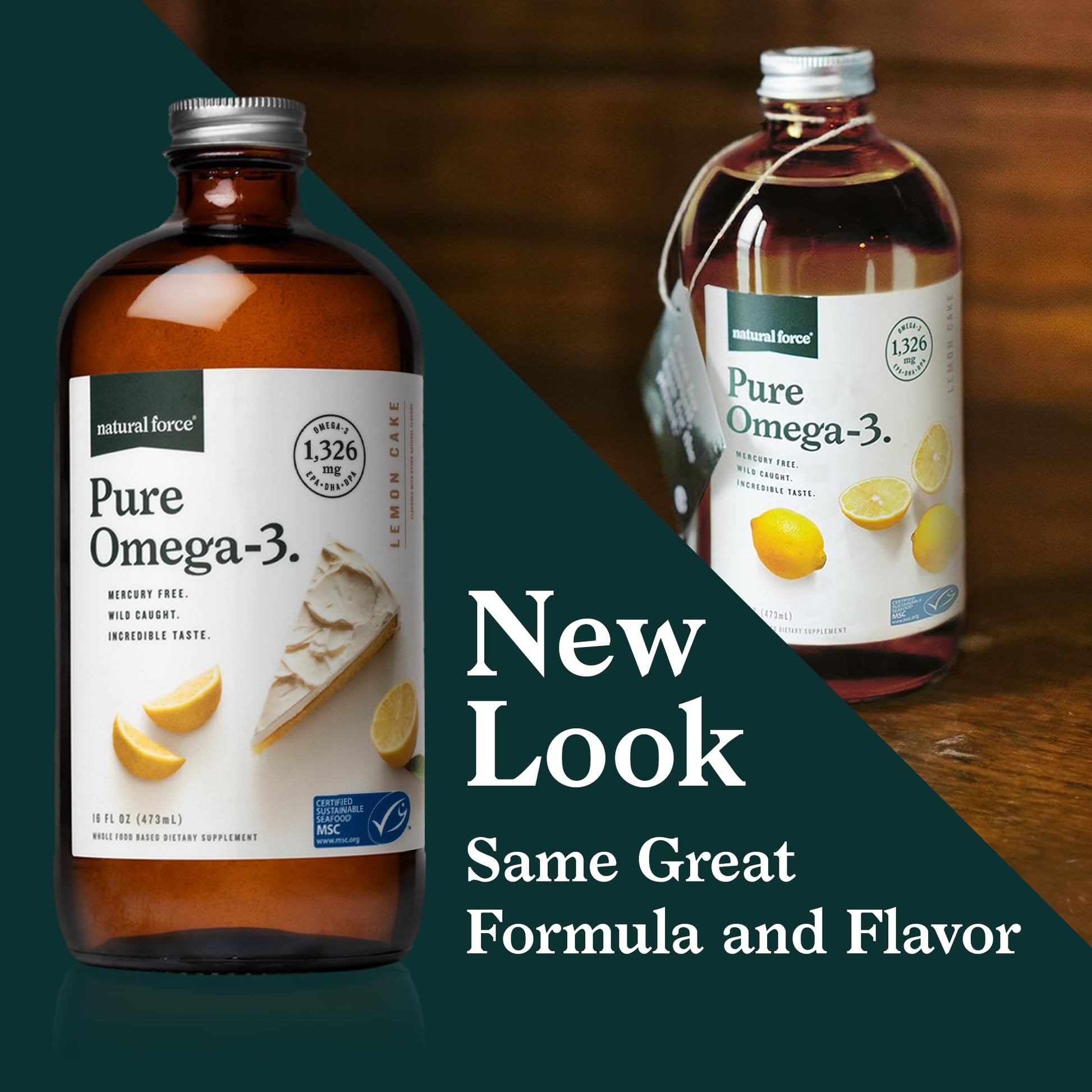Natural Force Pure Omega 3 - Liquid Fish Oil - Delicious Lemon Cake Flavor - Mercury Free, Wild Caught, Lab Tested - 1,326 mg Triglyceride EPA, DHA, & DPA - 16 Oz Glass Bottle Natural Force uk supplements