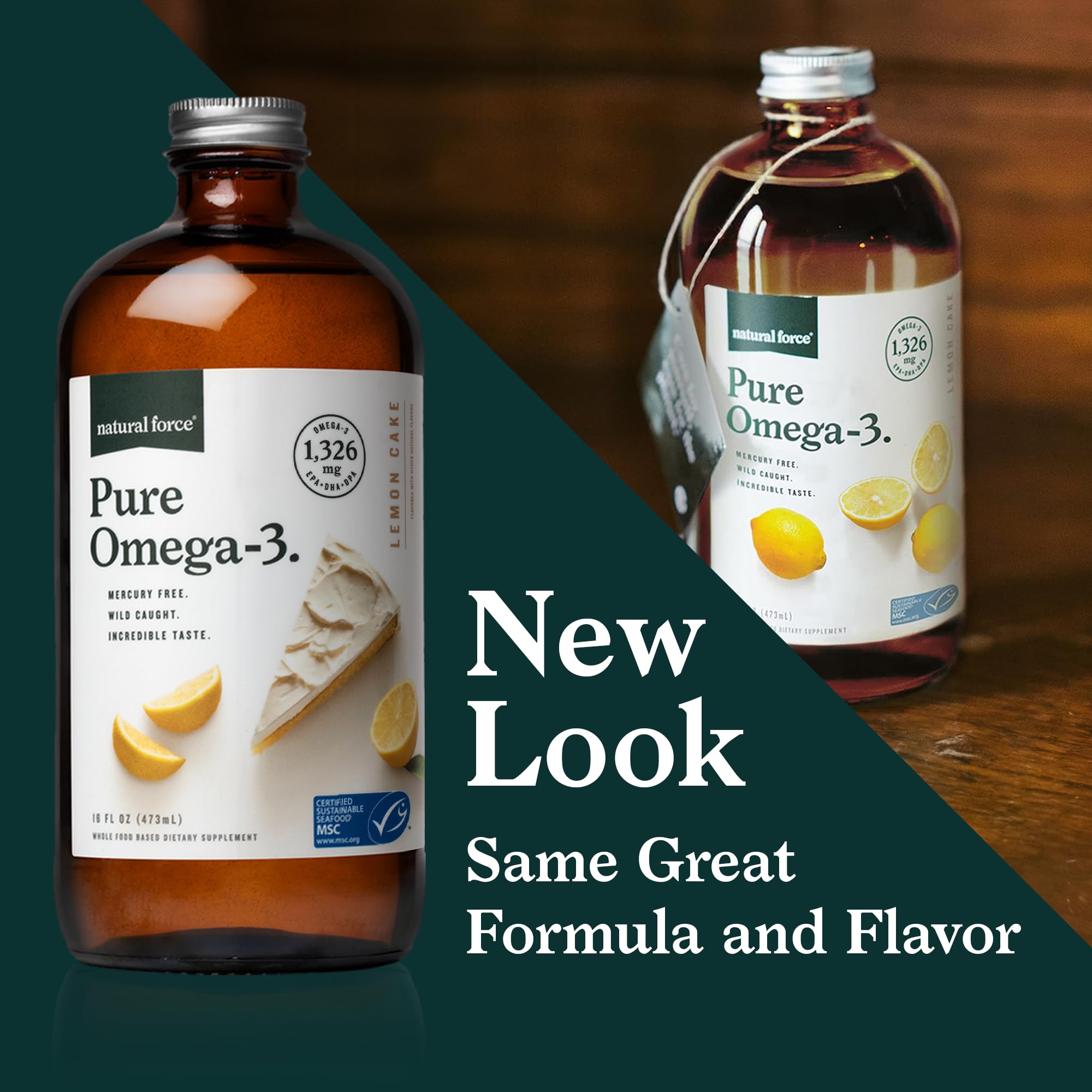 Natural Force Pure Omega 3 - Liquid Fish Oil - Delicious Lemon Cake Flavor - Mercury Free, Wild Caught, Lab Tested - 1,326 mg Triglyceride EPA, DHA, & DPA - 16 Oz Glass Bottle Natural Force uk supplements
