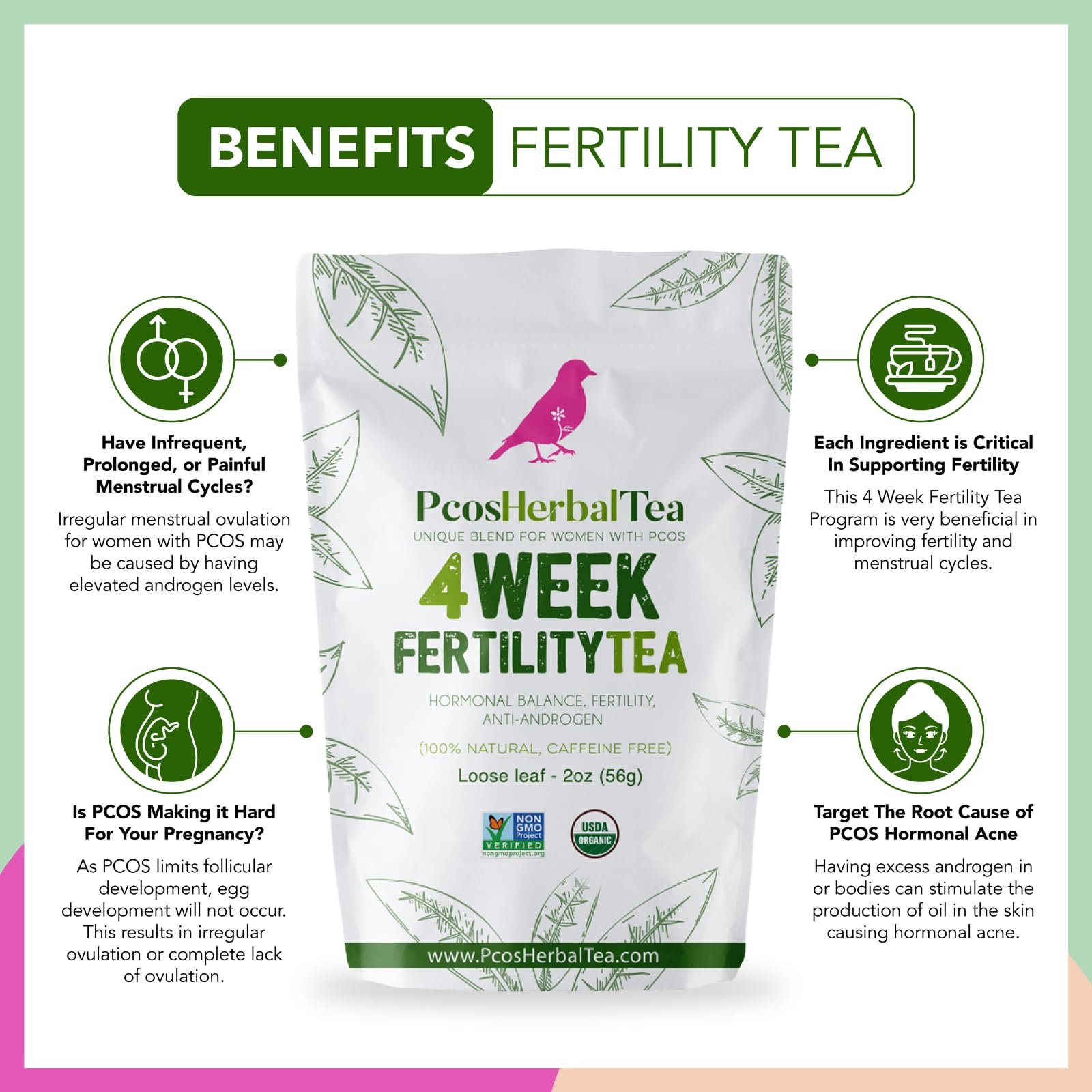 PCOS Cystem Tea with Organic Red Raspberry Leaf, Vitex, Spearmint Tea Supports Fertility PCOS Herbal Tea uk supplements