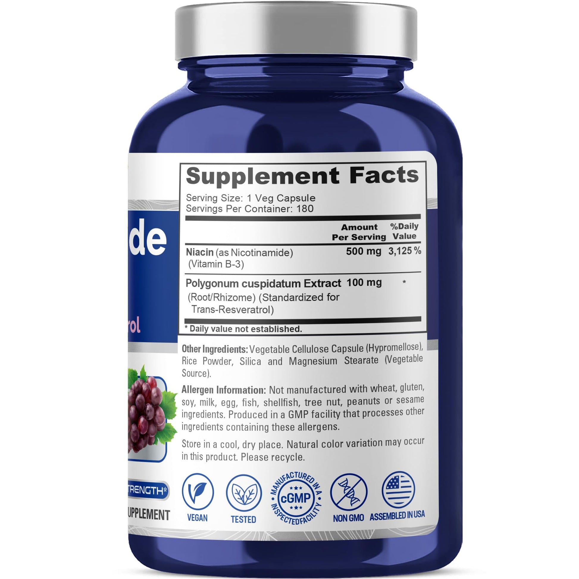NusaPure Nicotinamide with Resveratrol (Vitamin B-3) 500 mg - 180 Vegetarian Caps (Non-GMO & Vegan) NusaPure uk supplements