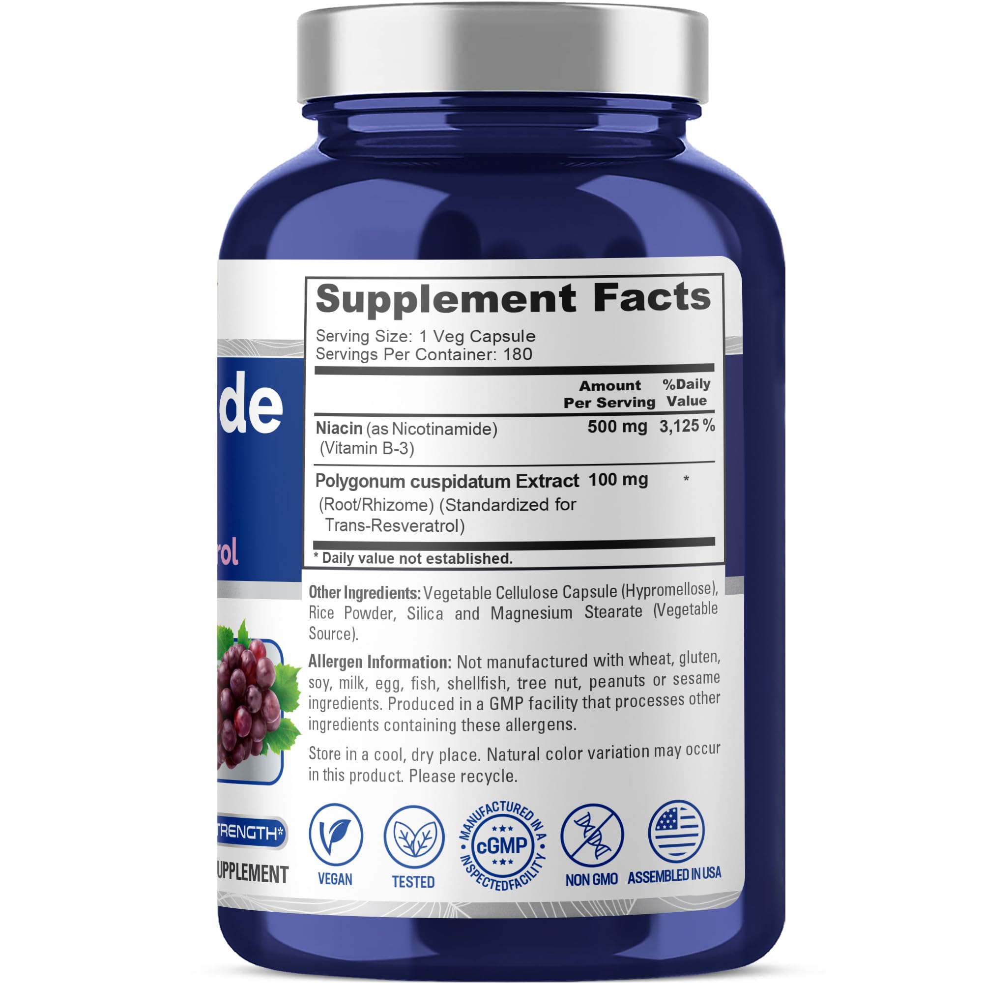 NusaPure Nicotinamide with Resveratrol (Vitamin B-3) 500 mg - 180 Vegetarian Caps (Non-GMO & Vegan) NusaPure uk supplements