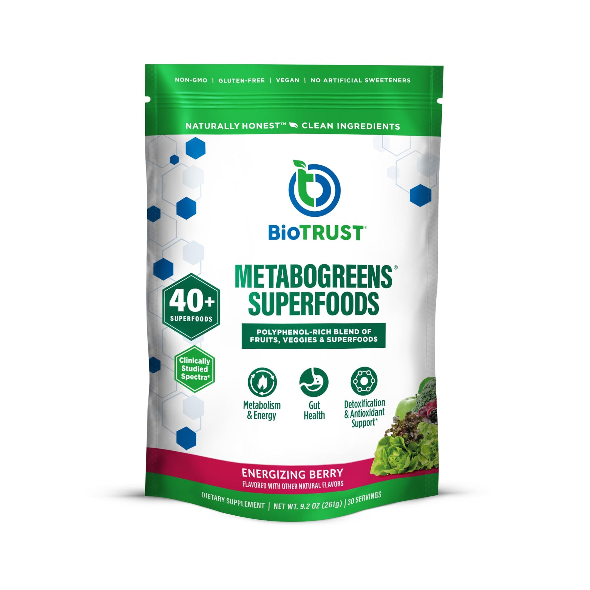 BioTrust Metabo Greens Superfood Powder - Super Greens Powder, Fruit & Veggie Blend with Clinically Studied Spectra - Non GMO, Soy Free, Gluten Free, Dairy Free, Energizing Berry Flavor (30 Servings) BioTrust uk supplements