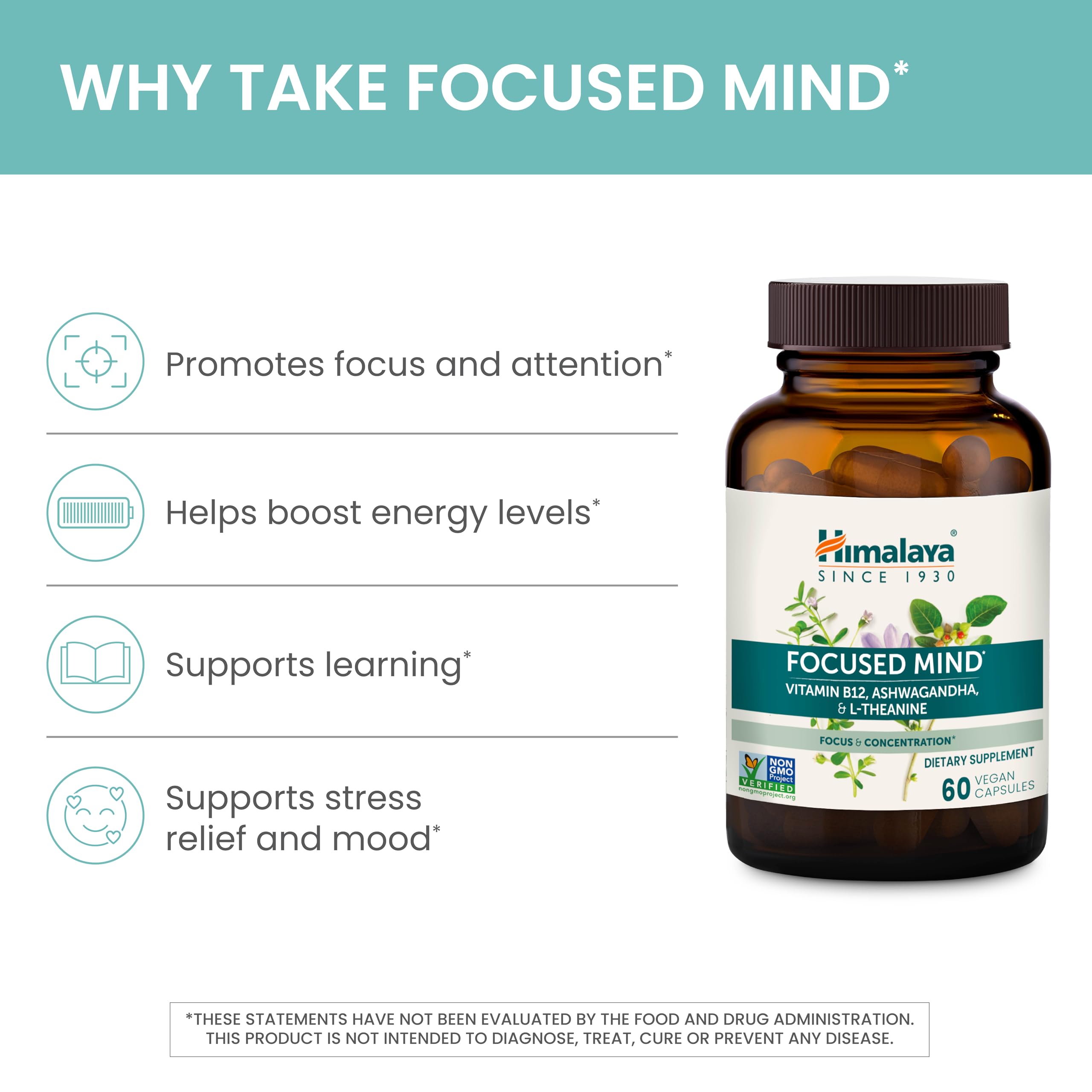 Himalaya Focused Mind Supplement, with Ashwagandha, Bacopa & L-Theanine for Attention, Focus and Energy Support, 60 Vegan Capsules, Gluten Free, 1 Month Supply Himalaya uk supplements