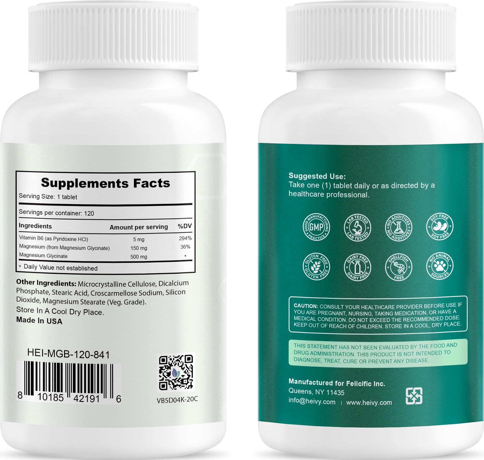 Heivy Pure Magnesium Glycinate 500mg with Vitamin B6, 100% Chelated & Purified Supports Nerve Relife, Sleep Aid & Muscle Support, Vegan & Non-GMO, Made in USA, 3rd Party Tested, 120 Tablets Heivy uk supplements