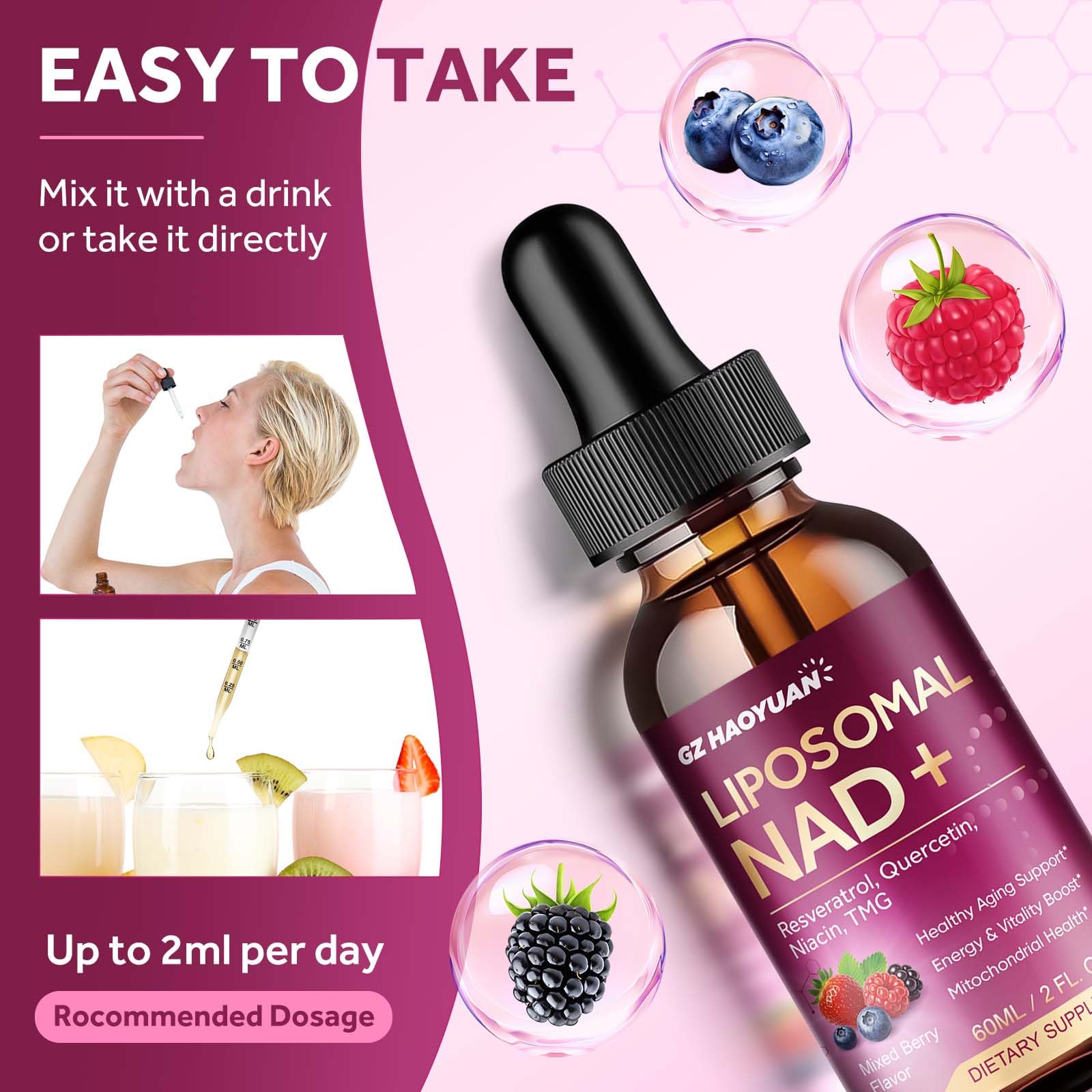 Liposomal NAD Supplement - 1200mg NAD+ Liquid Drops for Women & Men with Nicotinamide, Resveratrol, Quercetin, TMG, Black Pepper Extract - Brain & Cellular Mitochondrial Health, Anti-Aging, Longevity GZ HAOYUAN uk supplements