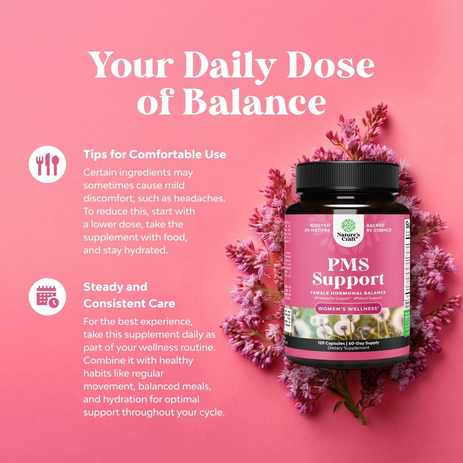 PMS Support Supplement for Women – Hormone Balance for Women & Menstrual Discomfort with DIM, Chasteberry, Black Cohosh & Ashwagandha - for Period Cramps Ease, Menopause Bloating, Mood Swing – 120 Ct Natures Craft uk supplements