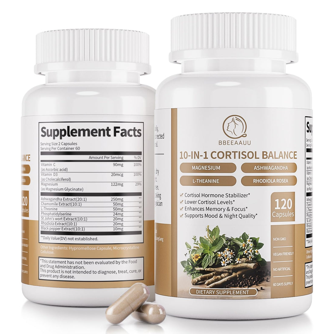2 Pack Cortisol Supplements for Women & Men - 10-in-1 Cortisol Reducer Manager Detox with Ashwagandha, Magnesium - Lower High Cortisol Levels, Relaxation & Night Support, Non-GMO, 120 Capsules BBEEAAUU uk supplements