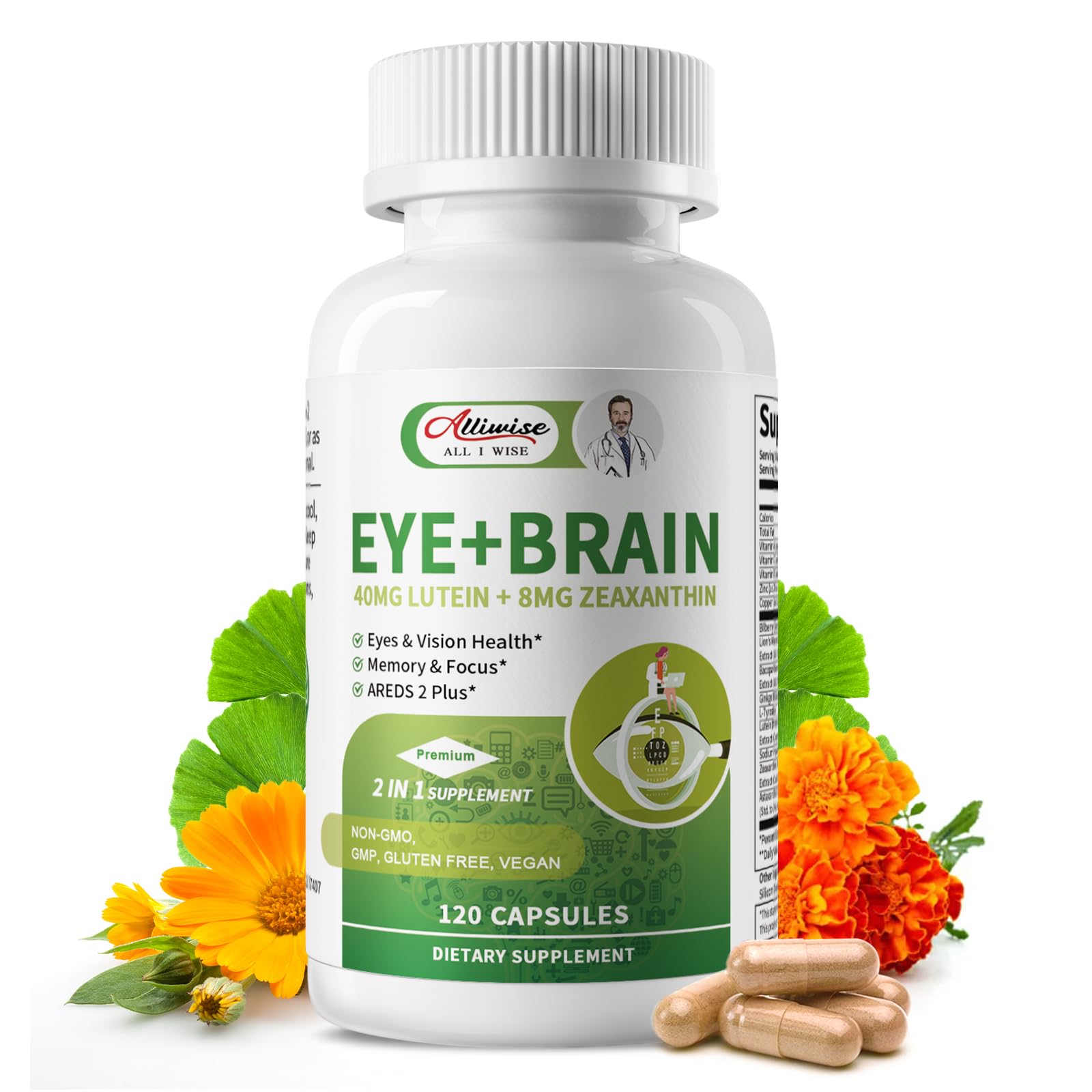 Eye + Brain Supplements for Memory and Focus, Lutein 40mg, Zeaxanthin, Astaxanthin, Bilberry, Lion’s Mane, Bacopa Monnieri, Ginkgo Biloba, 14 in 1 Eye Vitamins for Adults & Seniors 120 Capsules Alliwise uk supplements