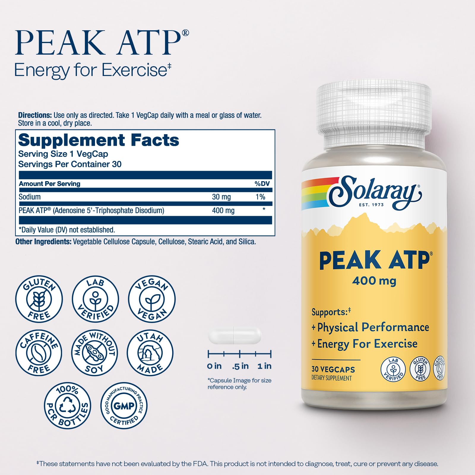 SOLARAY Peak ATP 400 mg - Physical Performance and Exercise Energy Supplements - Stim Free Pre Workout Pills - No Caffeine or Gluten - Lab Verified - 60-Day Guarantee - 30 Servings, 30 VegCaps SOLARAY uk supplements