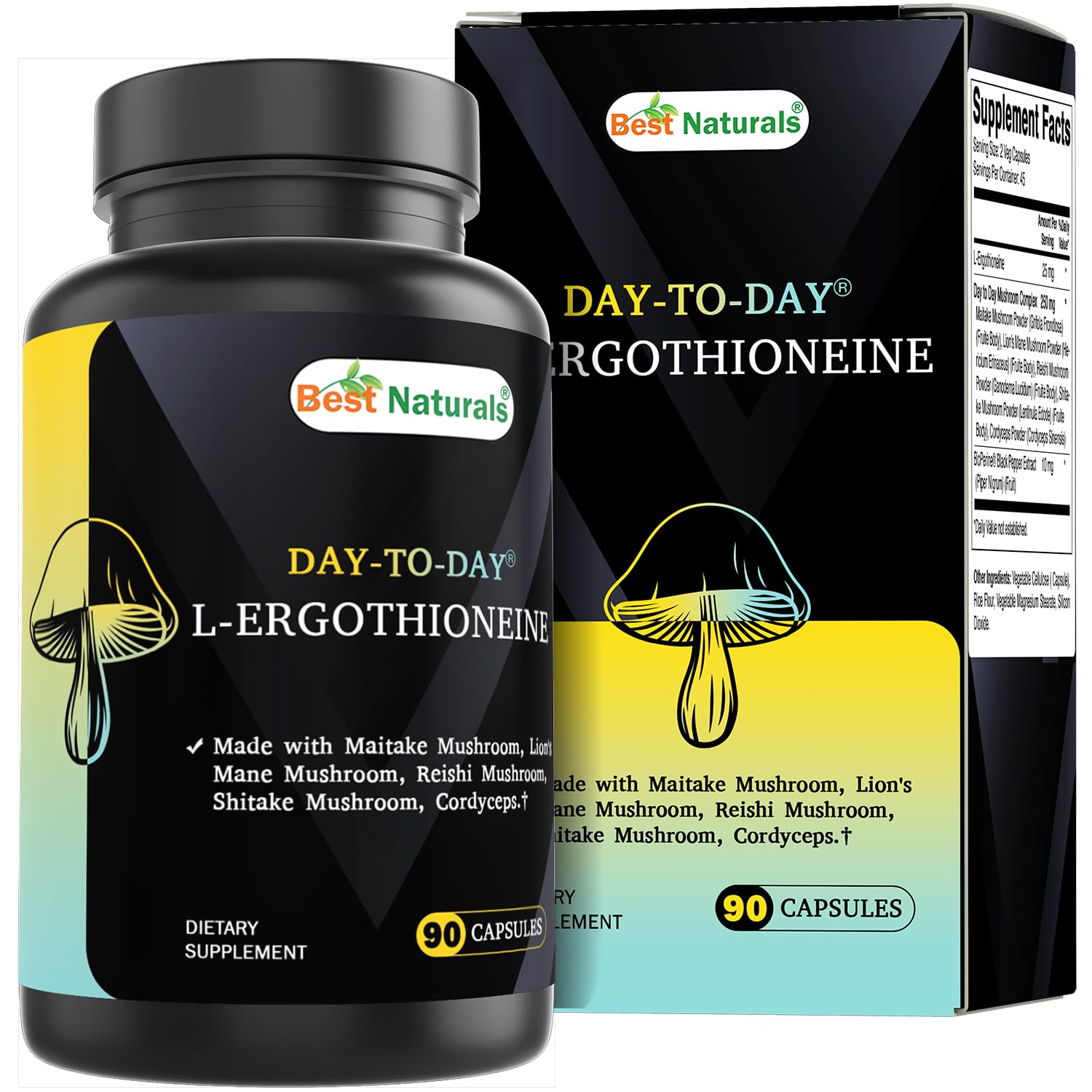 Best Naturals Day-to-Day L-Ergothioneine 25 mg with Maitake Mushrom, Lion's Mane Mushroom, Reishi Mushroom 90 Capsules Best Naturals uk supplements