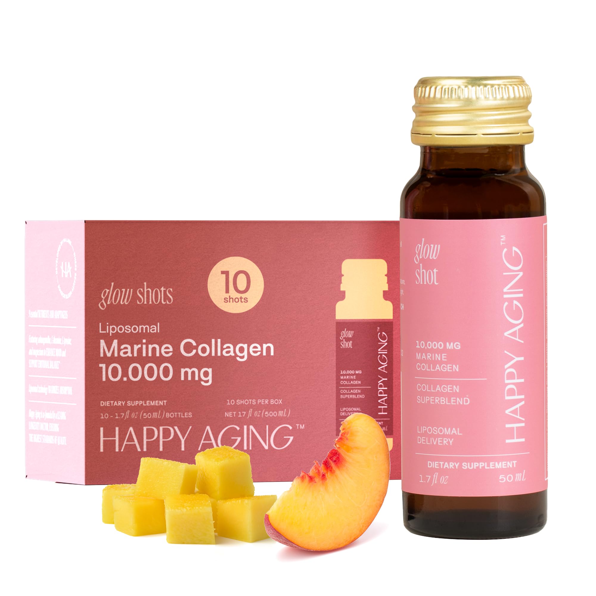 Happy Aging Marine Collagen Peptides Glow Shot 10,000mg - Liquid Collagen for Women with Liposomal Delivery - Promotes Skin Hydration, Elasticity & Radiance - Supports Hair & Nails, 10 Shots Happy Aging uk supplements