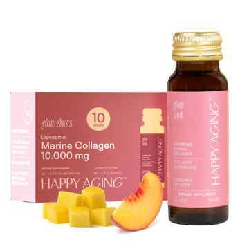 Happy Aging Marine Collagen Peptides Glow Shot 10,000mg - Liquid Collagen for Women with Liposomal Delivery - Promotes Skin Hydration, Elasticity & Radiance - Supports Hair & Nails, 10 Shots Happy Aging uk supplements