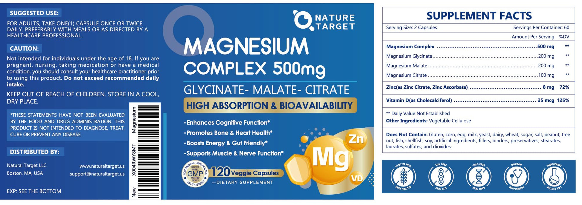 Magnesium Complex 500mg, Magnesium Glycinate, Malate & Citrate - High Absorption Chelated Triple Magnesium Supplement with Zinc, Vitamin D3 for Muscle, Nerve, Bone & Immune Support, Vegan 120 Capsules NATURE TARGET uk supplements