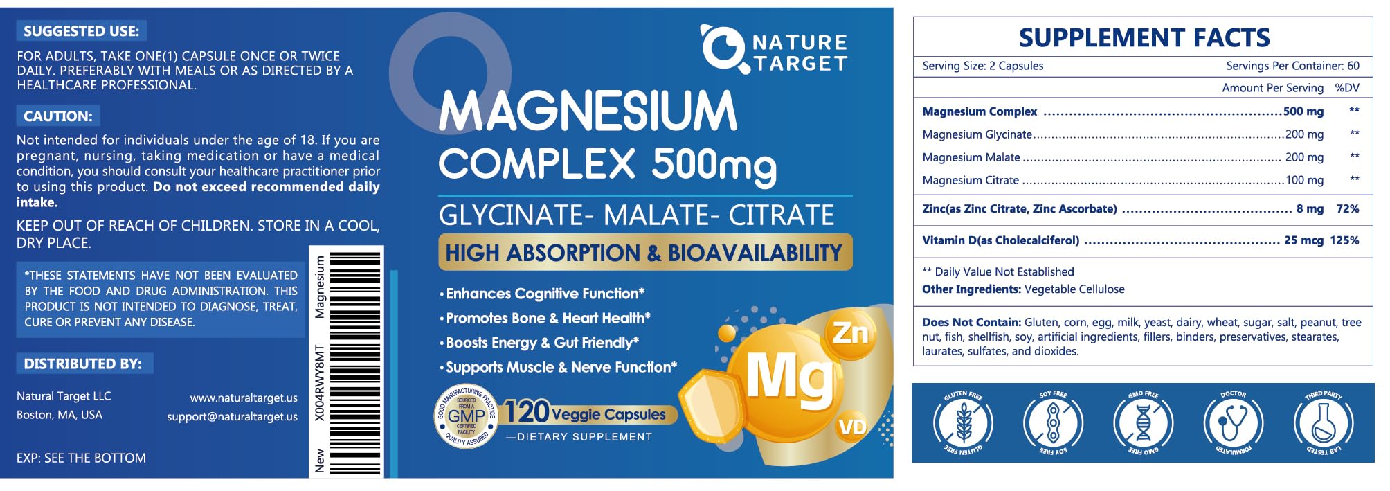 Magnesium Complex 500mg, Magnesium Glycinate, Malate & Citrate - High Absorption Chelated Triple Magnesium Supplement with Zinc, Vitamin D3 for Muscle, Nerve, Bone & Immune Support, Vegan 120 Capsules NATURE TARGET uk supplements