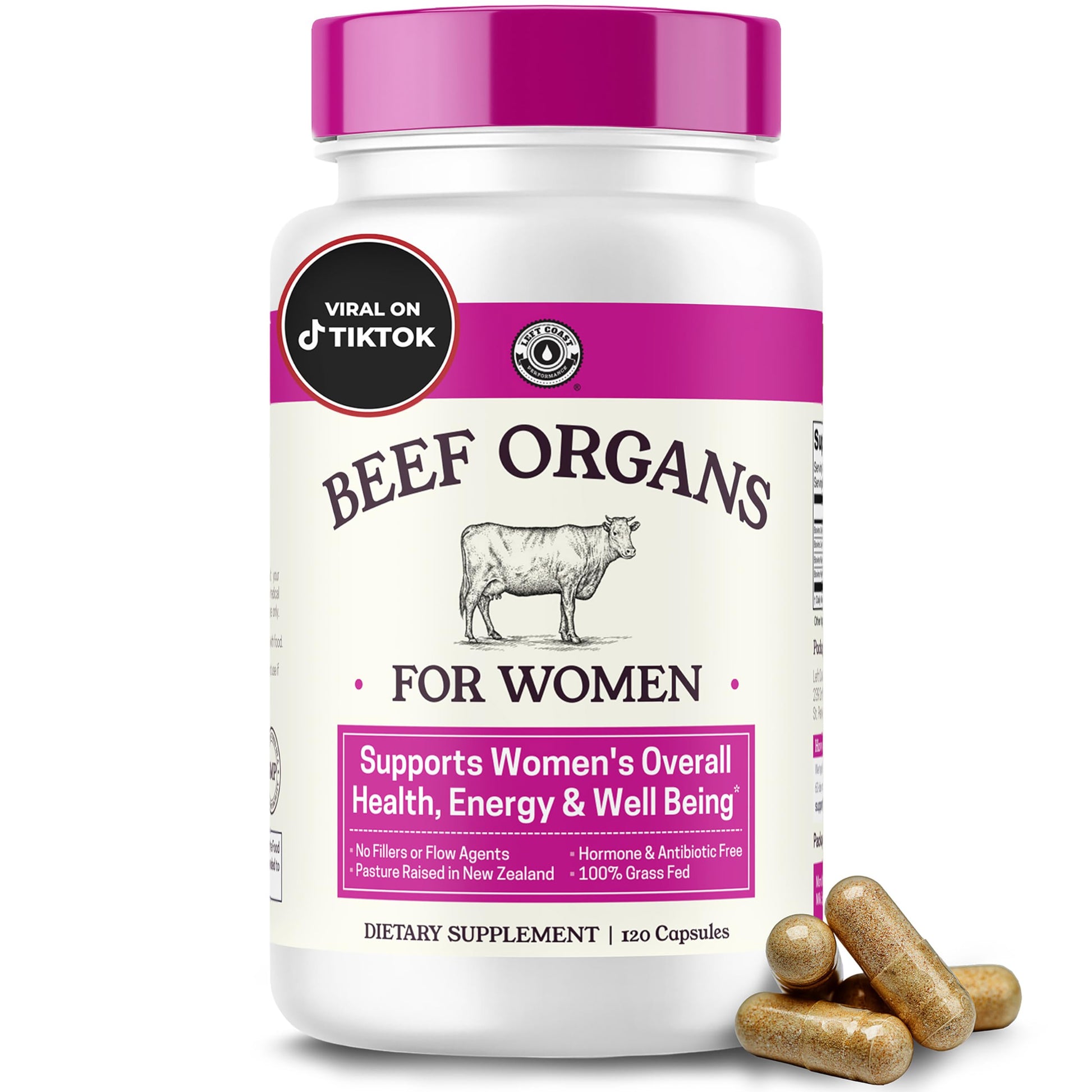 Beef Organ Supplement for Women - Beef Liver, Kidney, Heart and Uterus Tissue, Supports Women's Overall Energy and Health - Pasture Raised in New Zealand - No Fillers or Flow Agents - 120 Capsules Left Coast Performance uk supplements