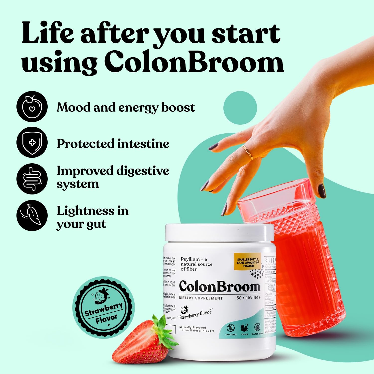 ColonBroom Psyllium Husk Powder (Strawberry) - Colon Cleanse for Bloating Relief & Gut Health - Colon Broom Fiber Powder Drink - Vegan, Gluten Free, Non-GMO Fiber Powder Supplement, 50 Servings ColonBroom uk supplements