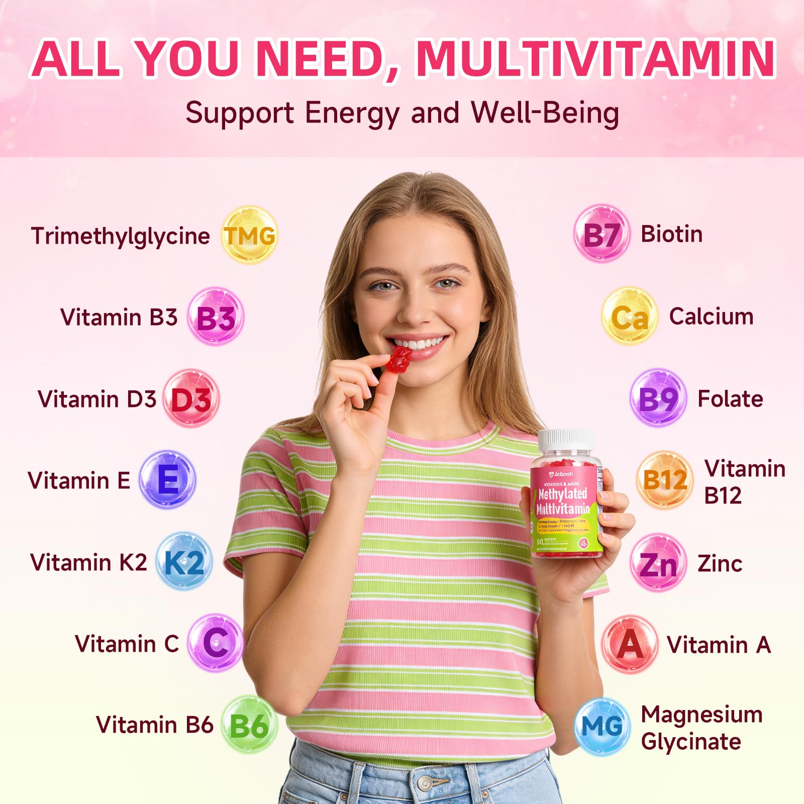 Methylated Vitamin B Complex Gummies for Women & Men, Multivitanins Gummy with Vitamin A, C ,E, Methylfolate & B12, TMG, Calcium, D3 K2 Jabsah uk supplements