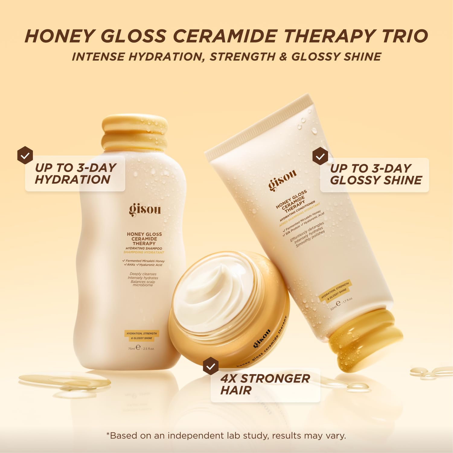 Gisou Honey Gloss Hair Therapy Trio - Mini Shampoo, Hair Mask and Conditioner for smoother, stronger and glossier hair Gisou uk supplements