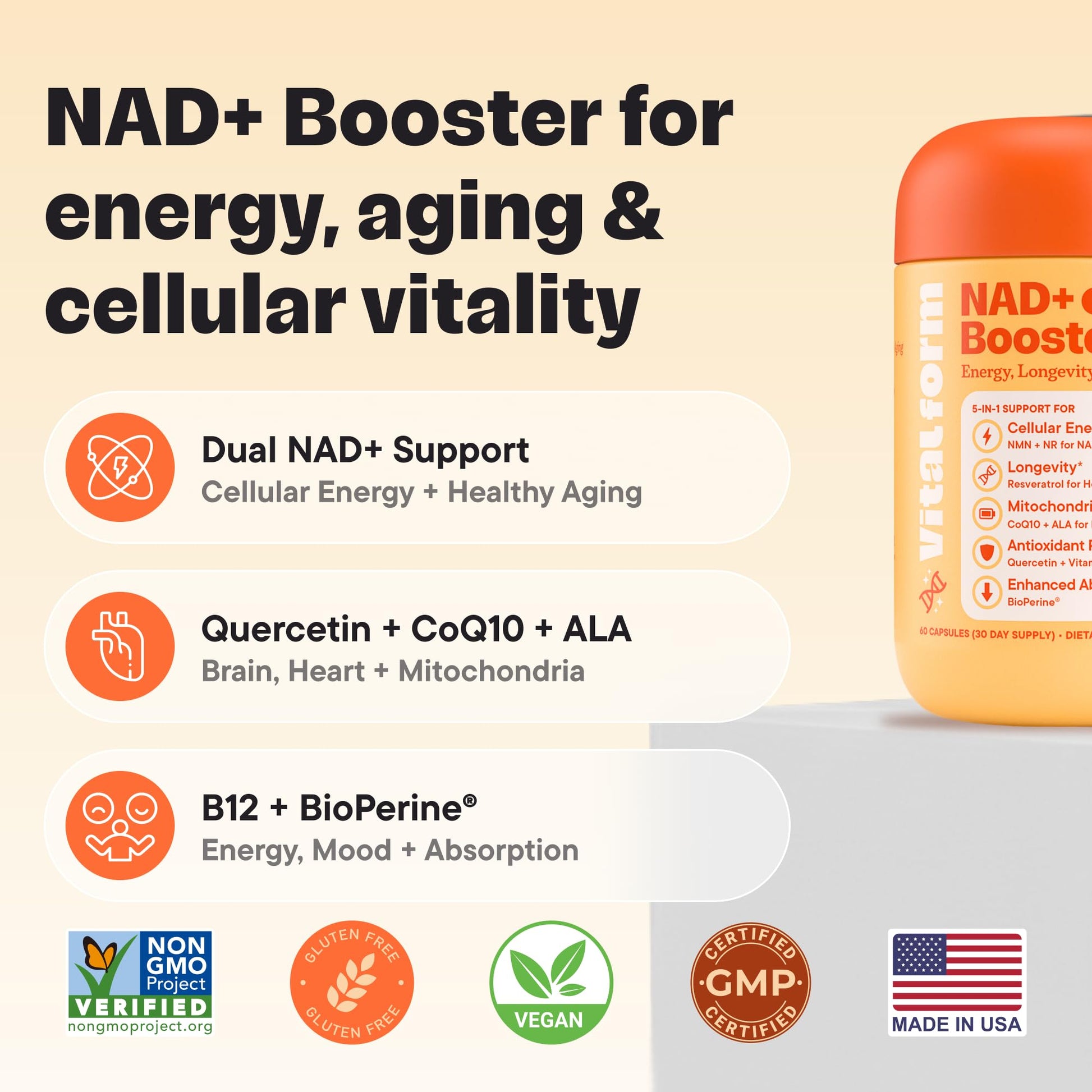 VitalForm NAD+ Supplement with NMN & Nicotinamide Riboside (NR) – Advanced Cellular Energy & Healthy Aging Complex – with Resveratrol, CoQ10, Quercetin & BioPerine – 60 Vegan Capsules VitalForm uk supplements