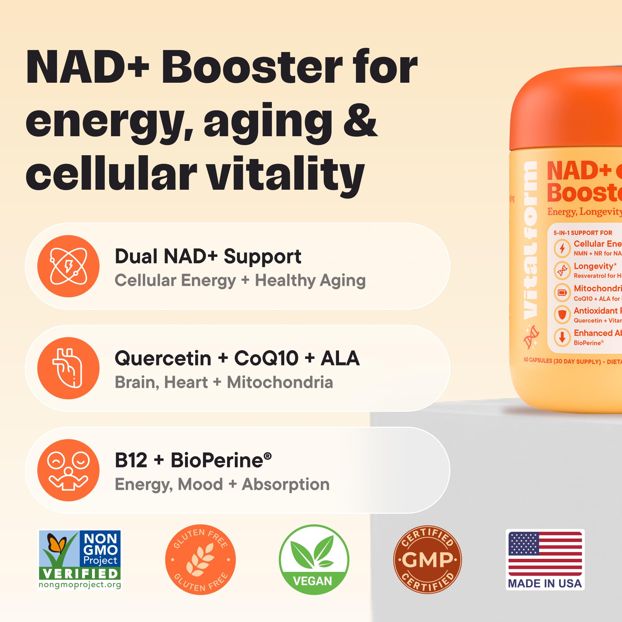 VitalForm NAD+ Supplement with NMN & Nicotinamide Riboside (NR) – Advanced Cellular Energy & Healthy Aging Complex – with Resveratrol, CoQ10, Quercetin & BioPerine – 60 Vegan Capsules VitalForm uk supplements