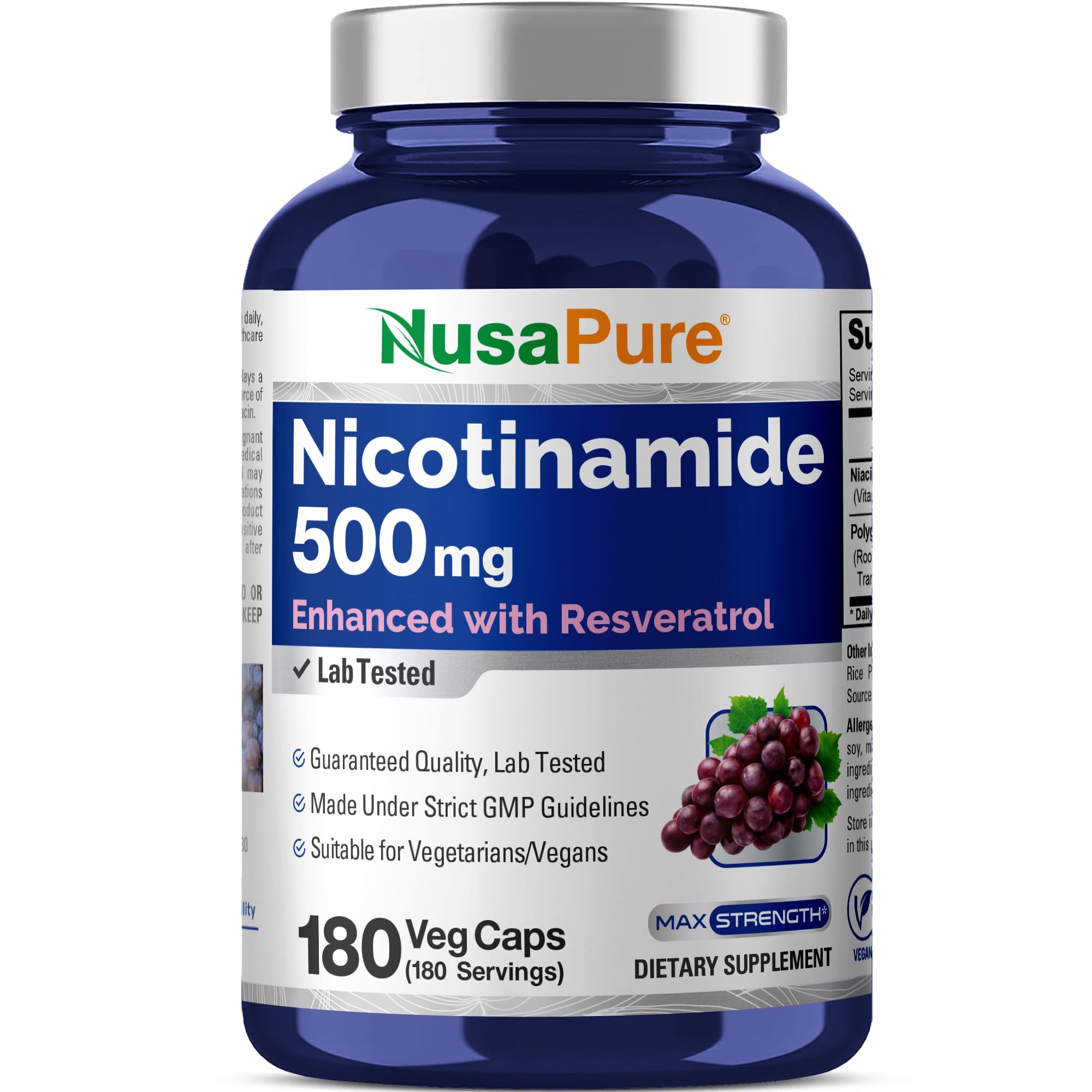NusaPure Nicotinamide with Resveratrol (Vitamin B-3) 500 mg - 180 Vegetarian Caps (Non-GMO & Vegan) NusaPure uk supplements
