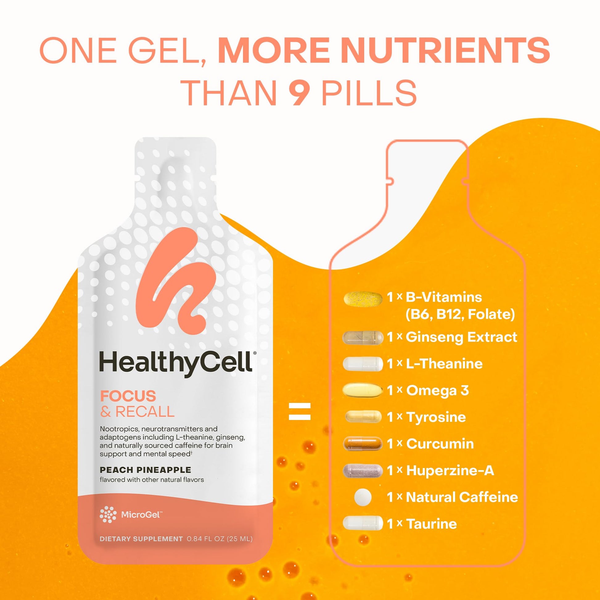 Healthycell Focus & Recall, Daily Liquid Brain Supplement for Focus & Memory - Nootropics Supplement for Concentration & Alertness with L-Theanine, Omega-3 & Taurine - 14 Gel Packs Healthycell uk supplements