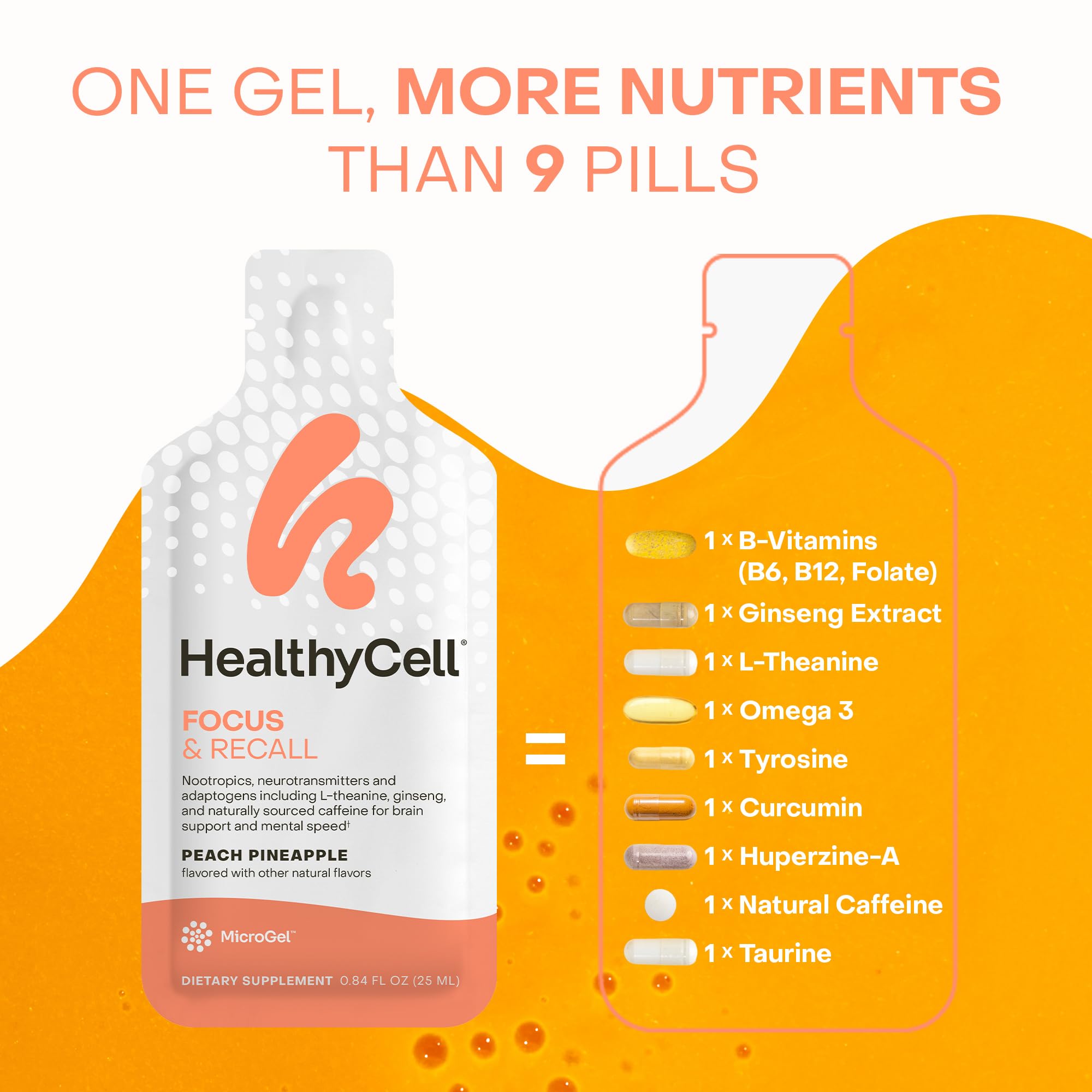 Healthycell Focus & Recall, Daily Liquid Brain Supplement for Focus & Memory - Nootropics Supplement for Concentration & Alertness with L-Theanine, Omega-3 & Taurine - 14 Gel Packs Healthycell uk supplements