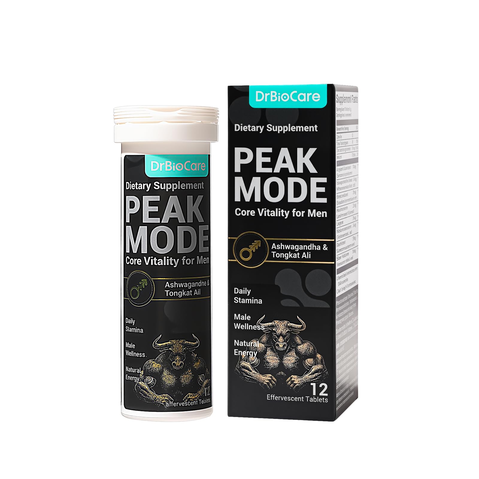 DrBioCare Peak Mode Core Vitality for Men 7-in-1 Effervescent Tablets | Tongkat Ali, Maca & L-Arginine，Ashwagandha, | Boost Stamina, Drive & Blood Flow for Good Performance | Berry Flavor 12 Tablets DrBioCare uk supplements