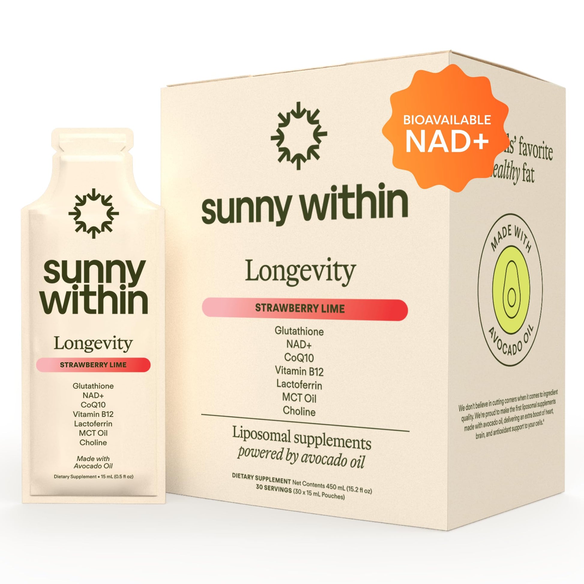 Sunny Within - Liposomal Glutathione Supplement NAD+ Longevity Mix w/Liquid NAD+, CoQ10, B12, MCT & Avocado Oil – Cellular Health, Energy, Brain, Gut & Heart Support* – Strawberry Lime – 30 Pouches Sunny Within uk supplements