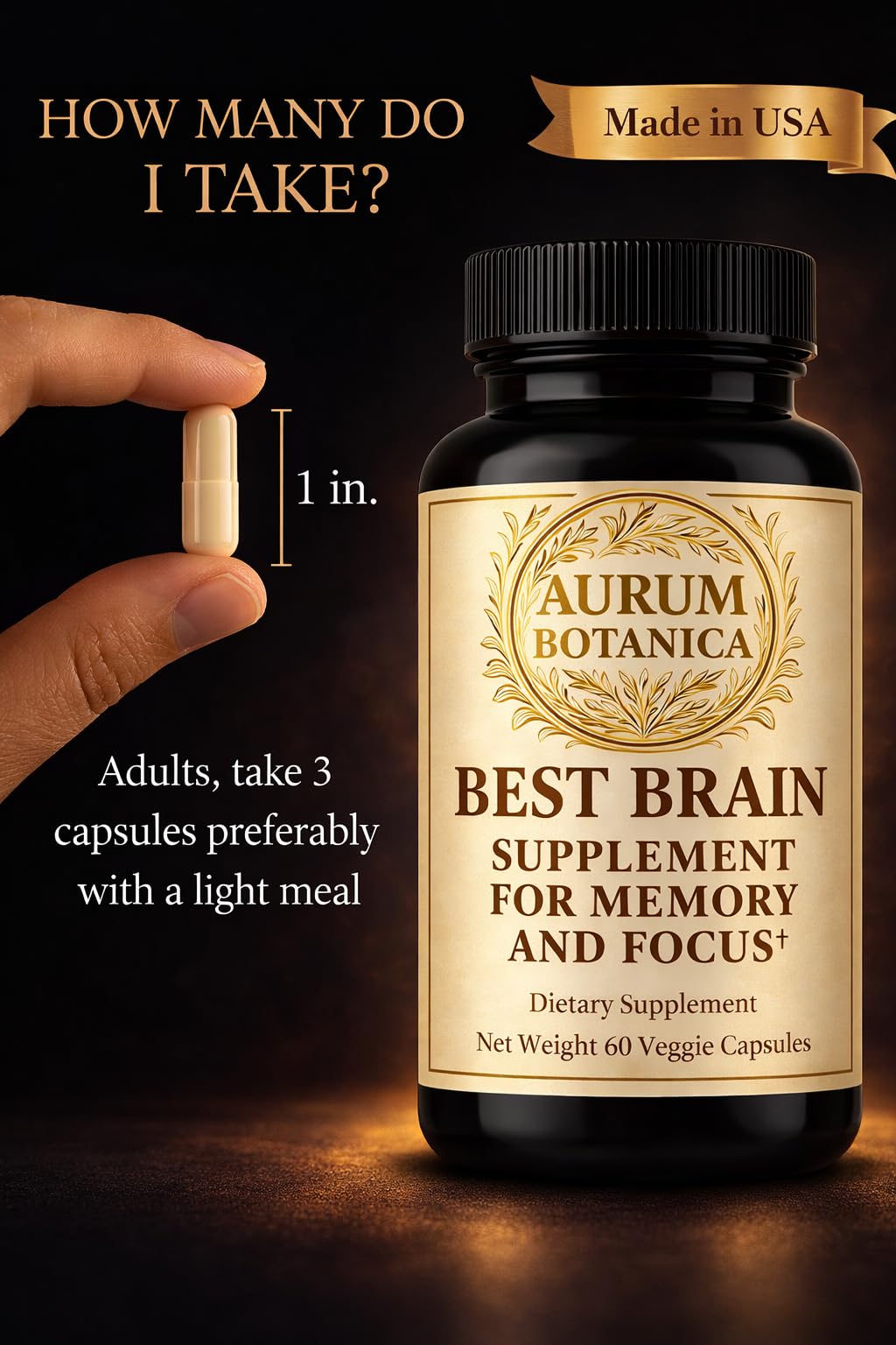 AURUM BOTANICA Best Brain Supplement for Memory and Focus - L-Theanine, Lion's Main, Vitamin B6, B12, D3, Folate, L-Tyrosine, Bacopa Monnieri, Alpha GPC, Theacrine, 30mg of Natural Caffeine (60 Count) AURUM BOTANICA uk supplements