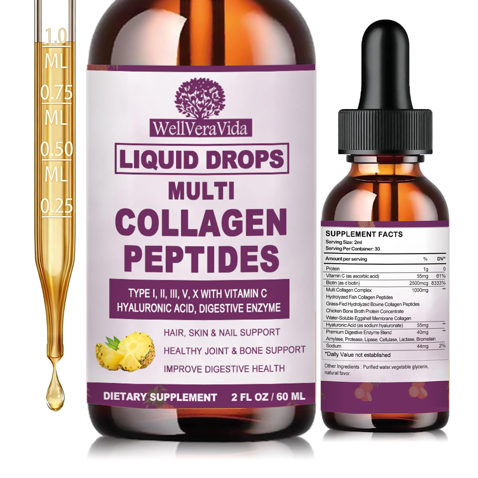 Multi Collagen Peptides Liquid Drops, 2oz – Types I, II, III, V, X, Hydrolyzed Collagen Complex for Hair, Skin, Nails, Bones & Joint Support | Collagen Supplement w. Hyaluronic Acid, Biotin, Vitamin C WellVeraVida uk supplements